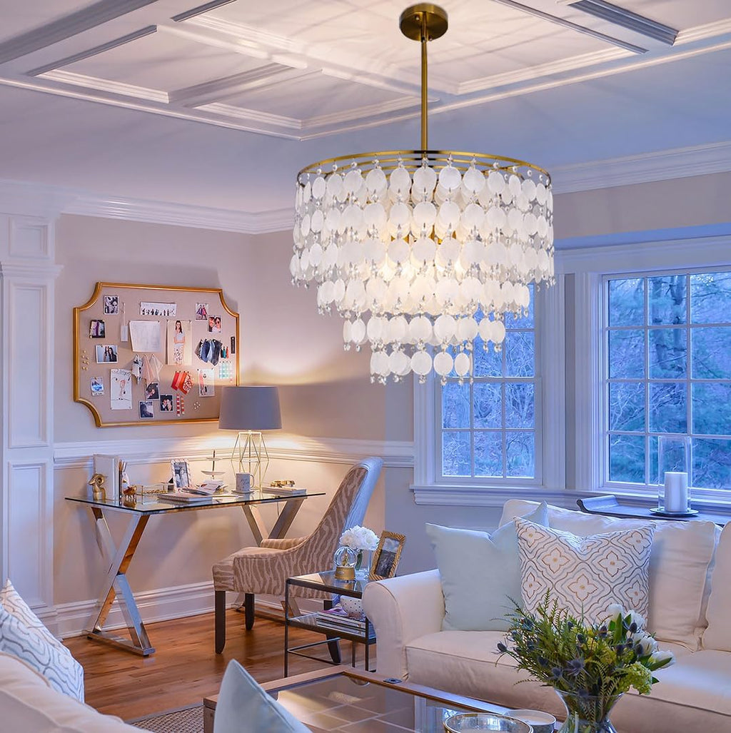 TOCHIC Natural Capiz Shell Chandelier, 6-Light Gold Modern Coastal Chandelier Light Fixture for Dining Room, Hanging Boho Round Beach Shell Pendant Light for Living Room, Bedroom, Kitchen, Foyer, 24'W