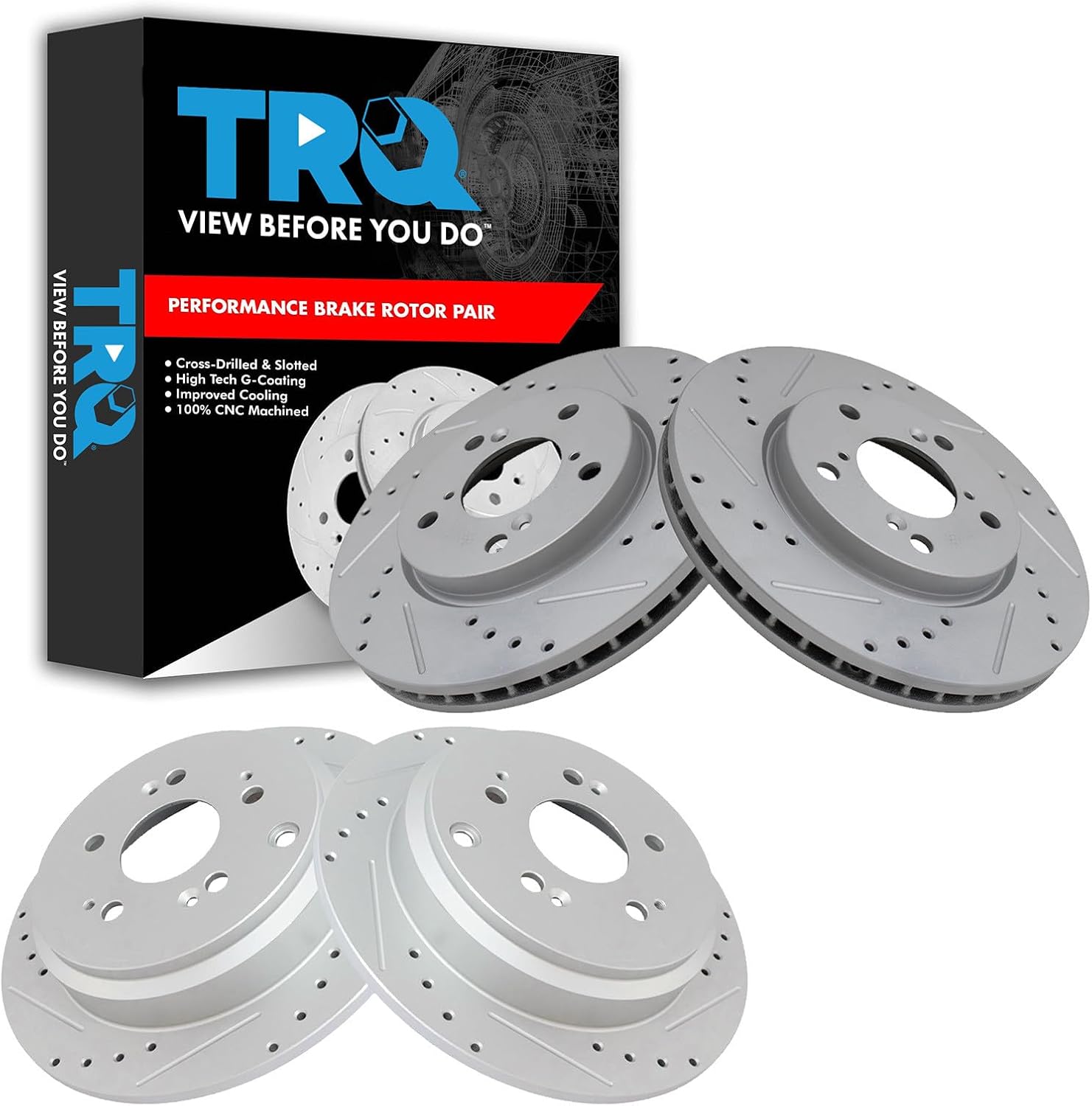 TRQ Performance Front and Rear Brake Rotor Set G Coated Drilled and Slotted Vented Solid Compatible with 2005-2010 Honda Odyssey