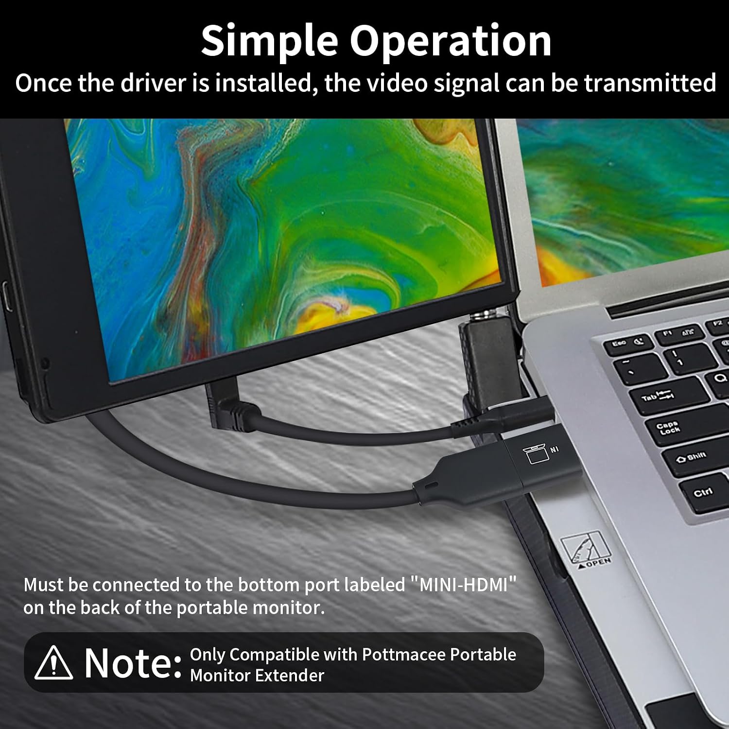 POTTMACEE 14' Laptop Screen Extender & H5-M USB Video Transmission Cable, Data to Video Signal Conversion Cable Portable Triple Monitor, Compatible with M1/M2/M3 MacBook