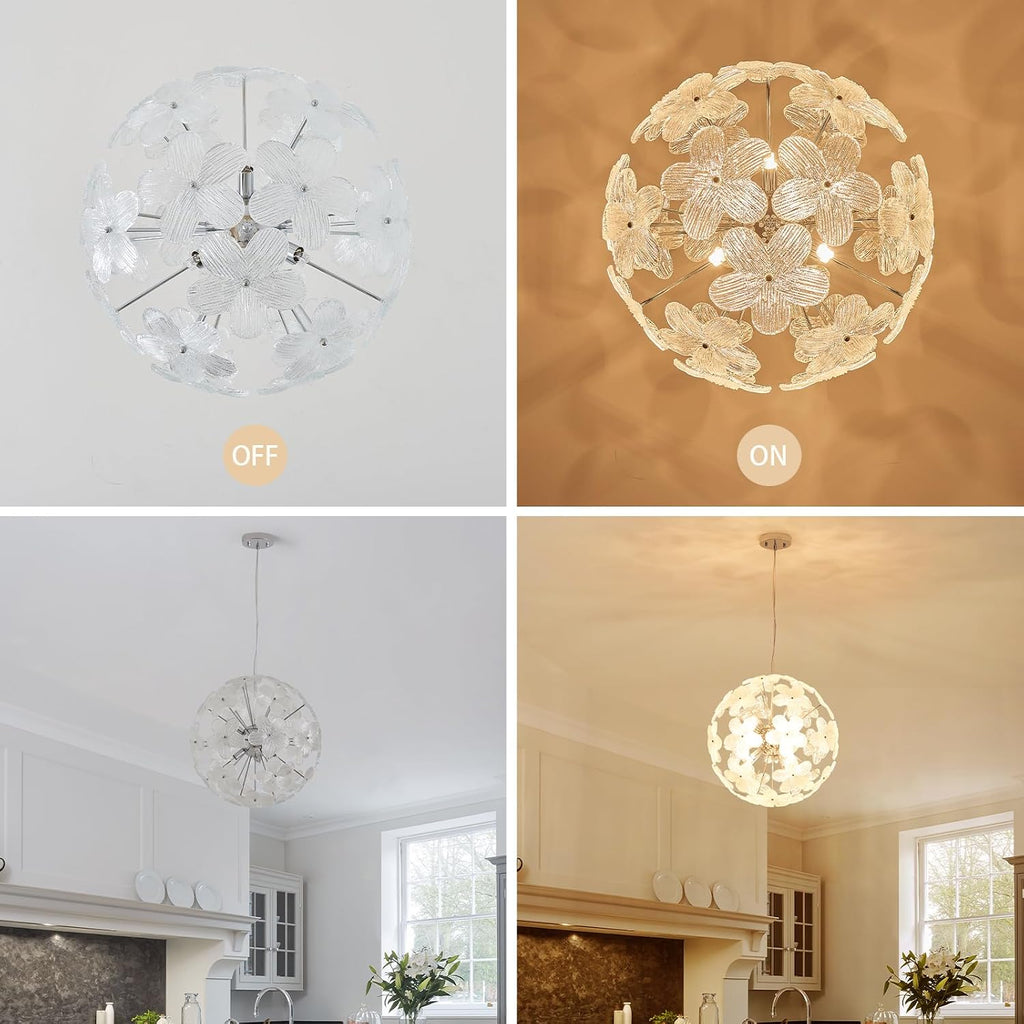 Modern Flower Chandelier Spherical Glass Pendant Light Fixture Height Adjustable Hanging Lamp Semi Flush Mount Ceiling 9 Light for Dining Room, Living Room, Bedroom, Hallway, Kitchen, Foyer