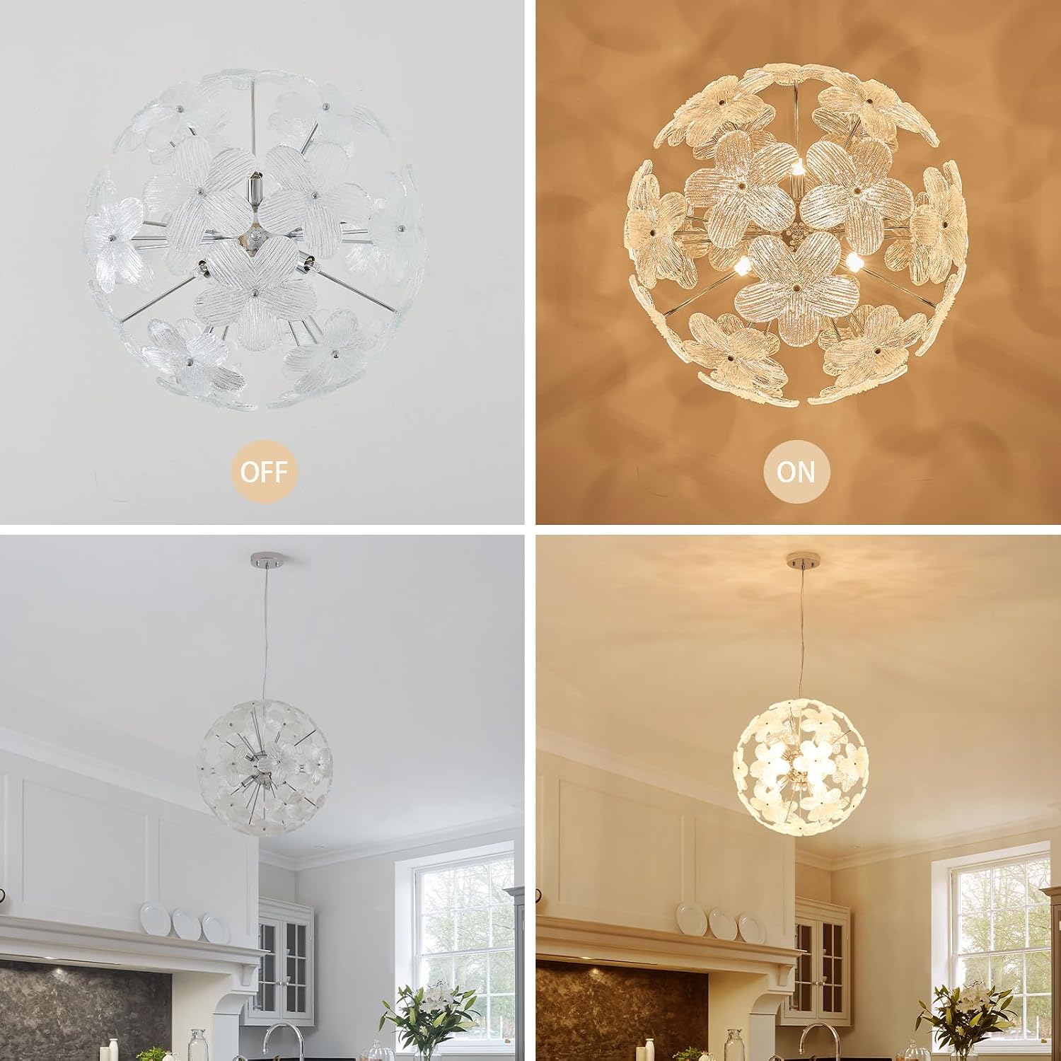 Modern Flower Chandelier Spherical Glass Pendant Light Fixture Height Adjustable Hanging Lamp Semi Flush Mount Ceiling 9 Light for Dining Room, Living Room, Bedroom, Hallway, Kitchen, Foyer