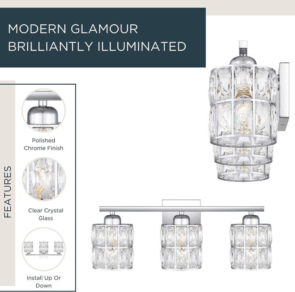 Quoizel Gibson 21' Glam Vanity Light, 3-Light, Polished Chrome Clear Crystal Glass, Dimmable, Up/Down Mount, ETL Damp-Rated