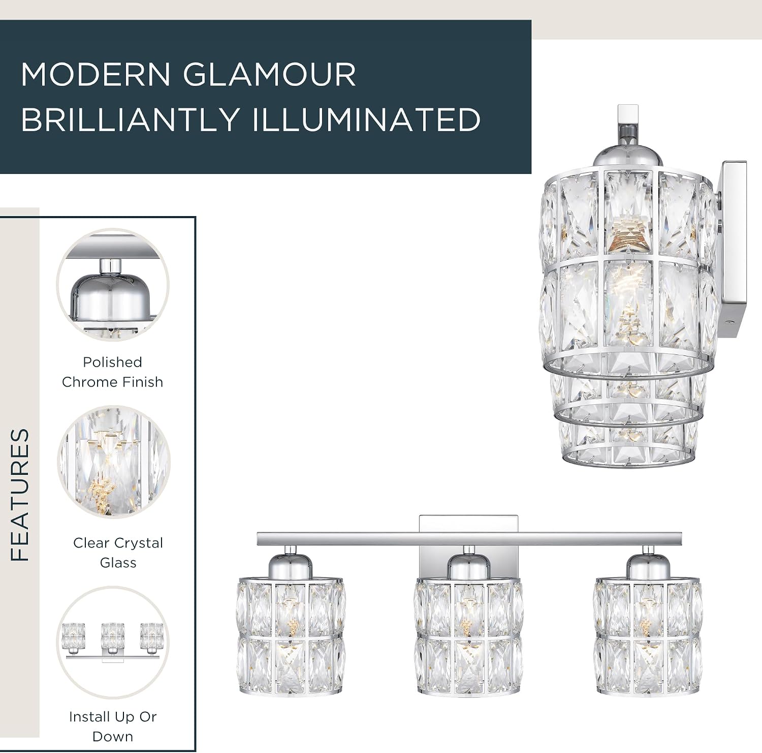 Quoizel Gibson 21' Glam Vanity Light, 3-Light, Polished Chrome Clear Crystal Glass, Dimmable, Up/Down Mount, ETL Damp-Rated
