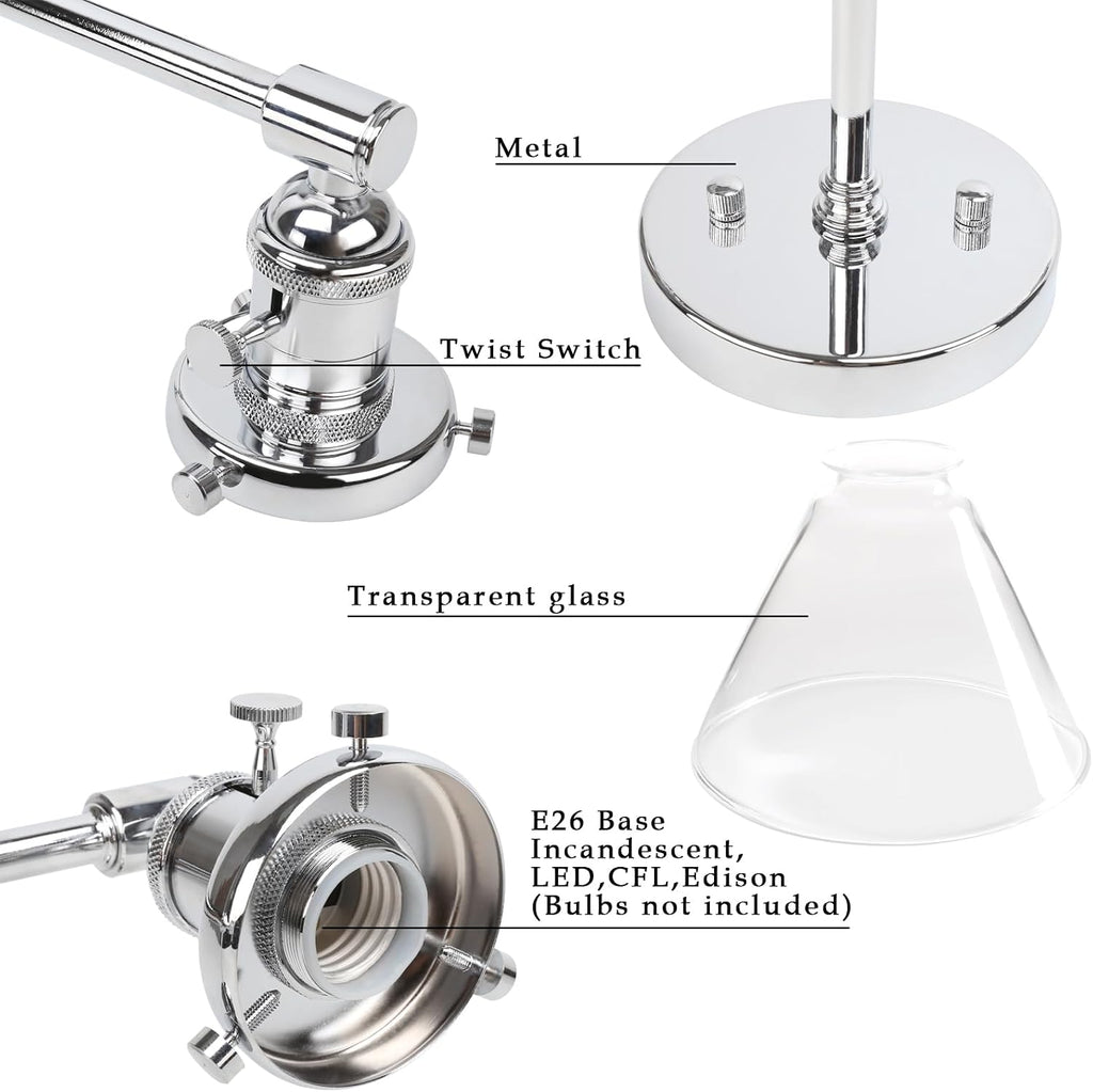 Phansthy 2-Light Wall Sconce Industrial Dual-Light Wall Light with Dual 7.3 Inch Cone Glass Lampshade (Chrome)