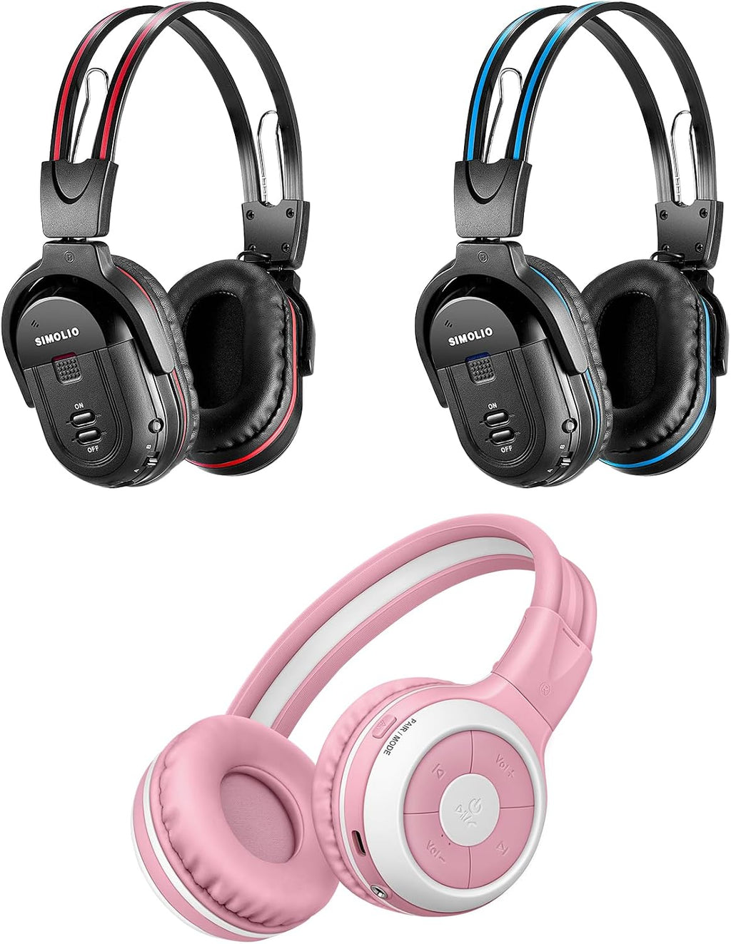 SIMOLIO 2 Pack IR Car Headphones and AuraCast Wireless Headphones for Kids with Mic, Share Port, Bluetooth Foldable Headset & Comfy Travel Set, 2 Channel IR Wireless Headset for Car DVD & Road Trips