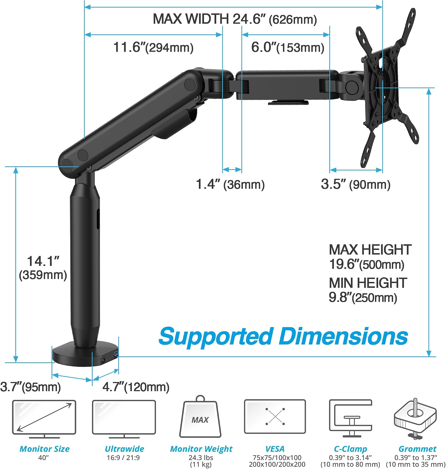 AVLT Single 17'-40' Ultrawide 3-Segment Easel Monitor Arm for Screens Up to 24.3 lbs, Aluminum Designer Stand, Adjustable Pneumatic Height, Full Motion Swivel Tilt Rotation, USB-C&A Ports, Black
