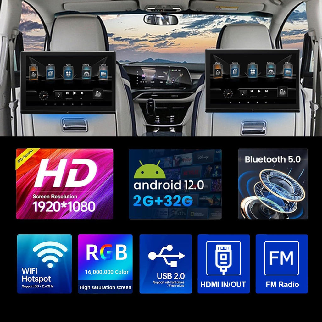 14 Inch Android12,Touch Screen 4K Car Headrest Portable Tv Support Wireless Phone mirroing,Multimedia Video with USB, Hdmi in/Out, Sd, Headphone Jack,WiFi Touch Screen,Bluetooth, FM,2G RAM+32G（1PCS）