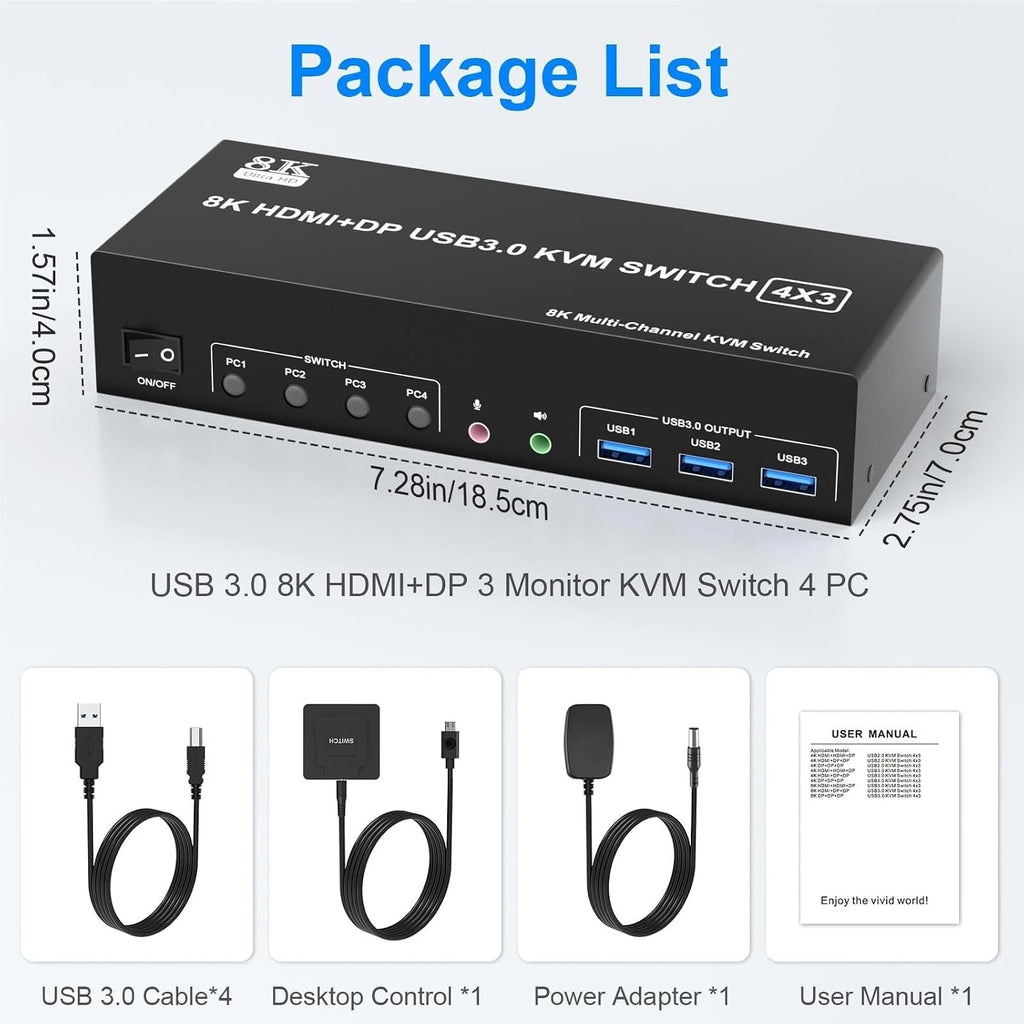 8K@60Hz 2 HDMI +1 DisplayPort KVM Switch Triple Monitor for 4 Computer with Audio and 3 USB 3.0 Ports, 3 Monitor KVM Switches(with AU Plug)