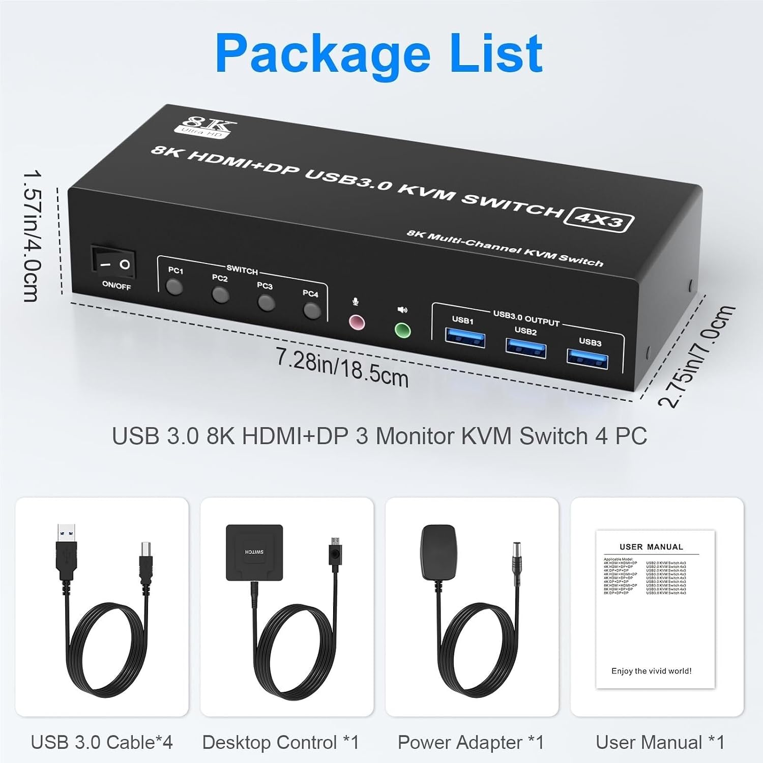 8K@60Hz 2 HDMI +1 DisplayPort KVM Switch Triple Monitor for 4 Computer with Audio and 3 USB 3.0 Ports, 3 Monitor KVM Switches(with AU Plug)