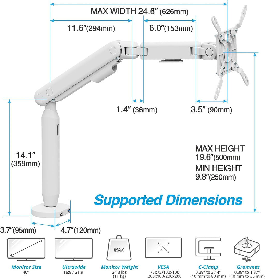 AVLT Single 17'-40' Ultrawide 3-Segment Easel Monitor Arm for Screens Up to 24.3 lbs, Aluminum Designer Stand, Adjustable Pneumatic Height, Full Motion Swivel Tilt Rotation, USB-C&A Ports, White