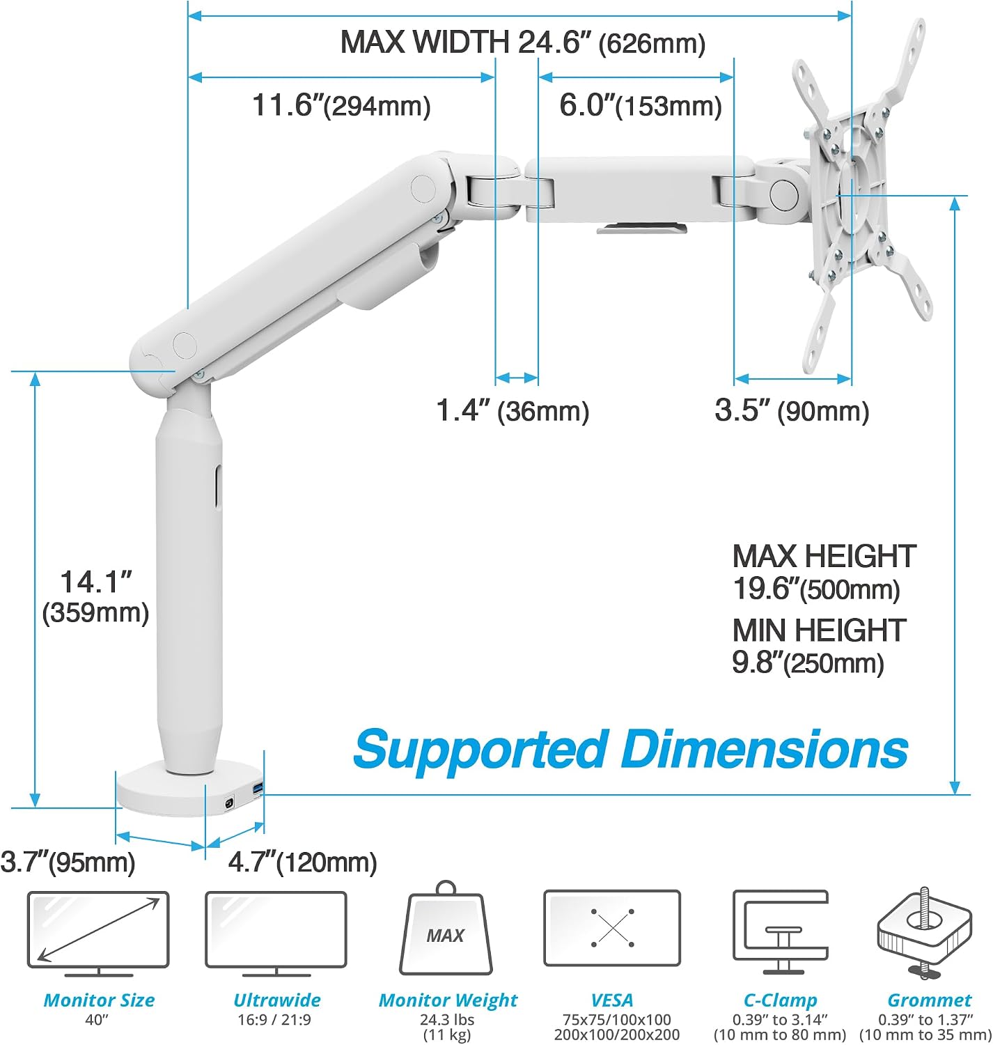 AVLT Single 17'-40' Ultrawide 3-Segment Easel Monitor Arm for Screens Up to 24.3 lbs, Aluminum Designer Stand, Adjustable Pneumatic Height, Full Motion Swivel Tilt Rotation, USB-C&A Ports, White