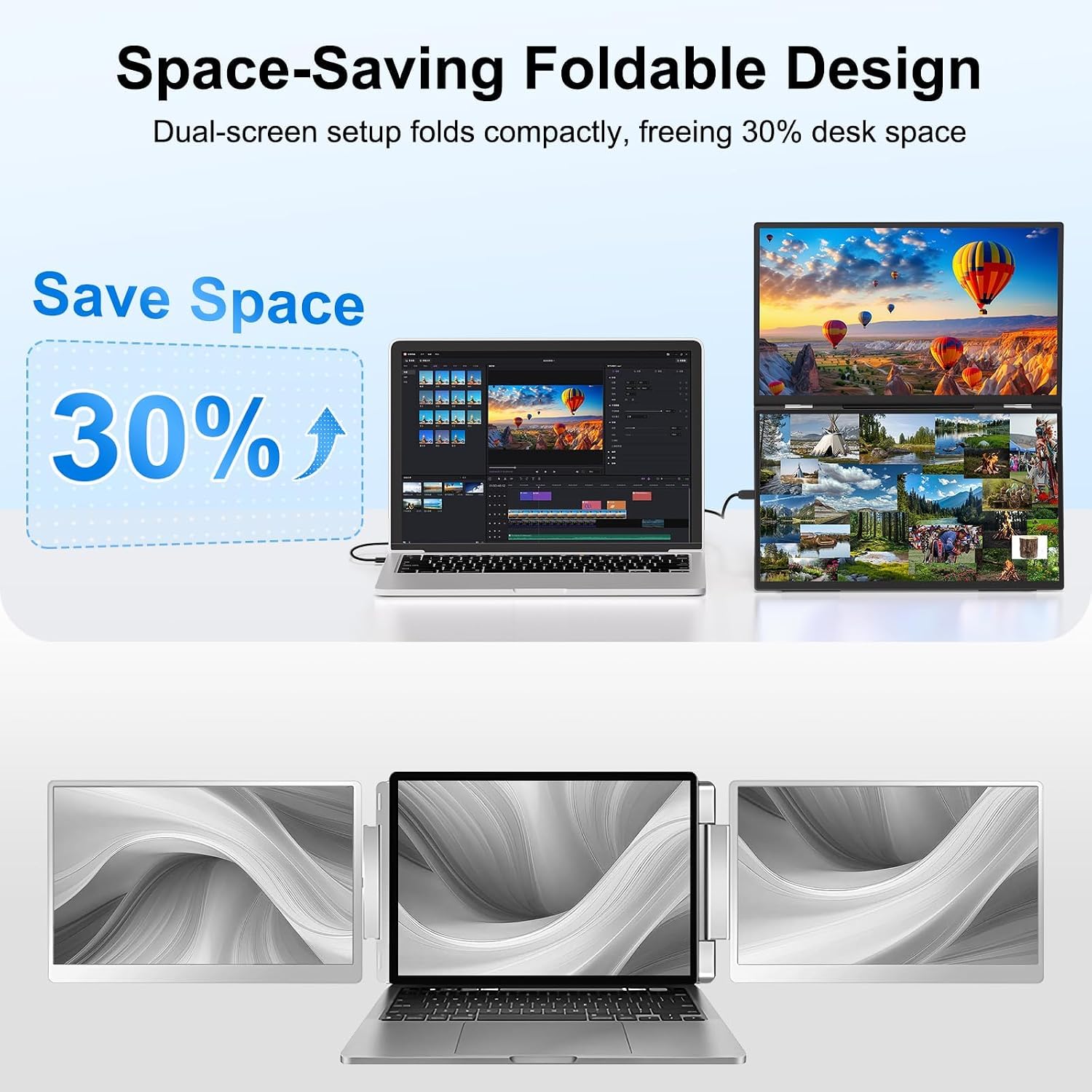 18.5'' Portable Dual Monitor, One Cable Laptop Screen Extender, FHD 1080P 100Hz Type-C USB-A HDMI, Folding Stacked Triple Monitor Built-in Stand Speakers for Laptop Desktop Windows Mac(Driver Need)