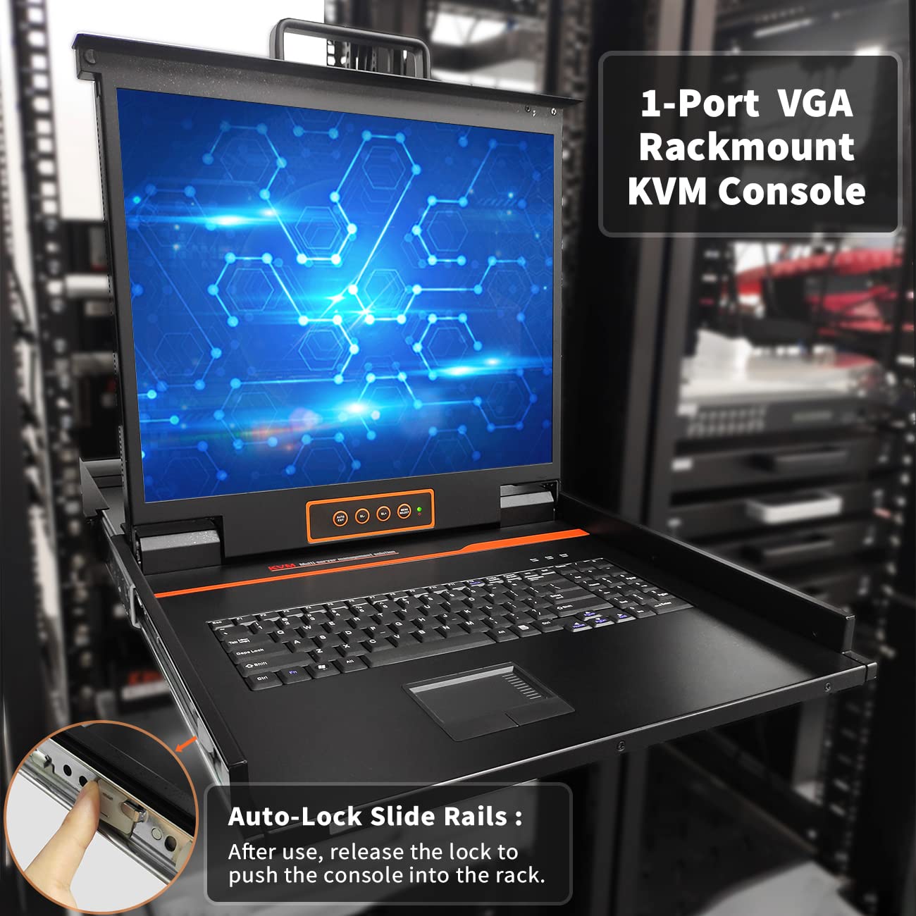Rack Mount KVM Console, 19' Rack Mount Monitor, Single Port VGA, 1U LCD KVM Drawer with Keyboard and Touch Pad, 17.6'x19.9'x1.67' (W x D x H),1280×1024@60Hz, USB/VGA Cable Included,50,000 MTBF