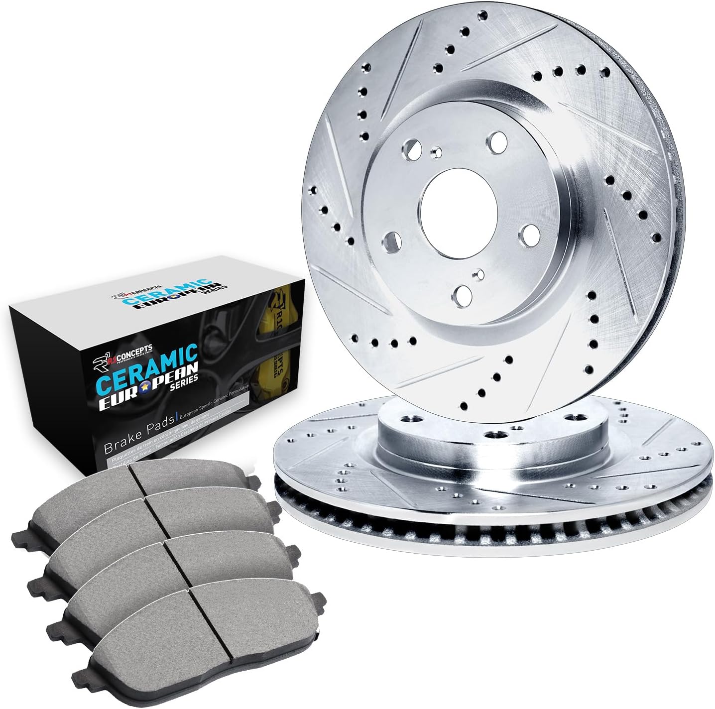 R1 Concepts Front Brake Kit Fits 2007-2010 Acura CSX; 2002-2006 Acura RSX; 2006-2011 Honda Civic| Euro Ceramic Brake Pads and Drilled Slotted Brake Rotors| 11.8' Front