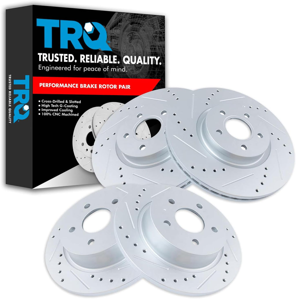 TRQ Performance Front and Rear Brake Rotor Set G Coated Drilled and Slotted Compatible with 2013-2016 Ford Escape 2014-2018 Ford Transit Connect