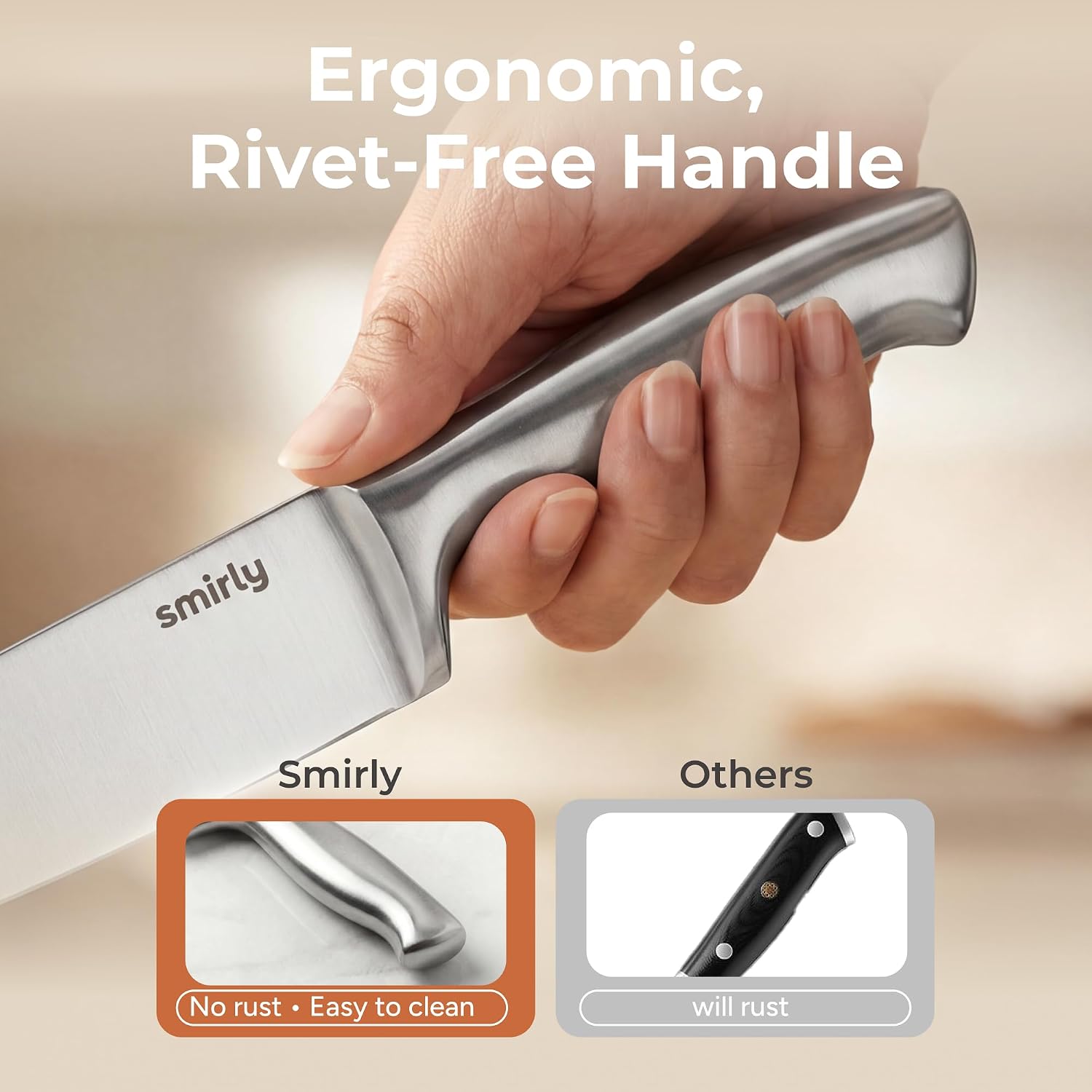 SMIRLY 15 Piece Knife Set with Block - Kitchen Knife Sets with Block and Sharpener - Heavy Duty Wooden Block with One-Piece Design Stainless Steel Knives Dishwasher Safe