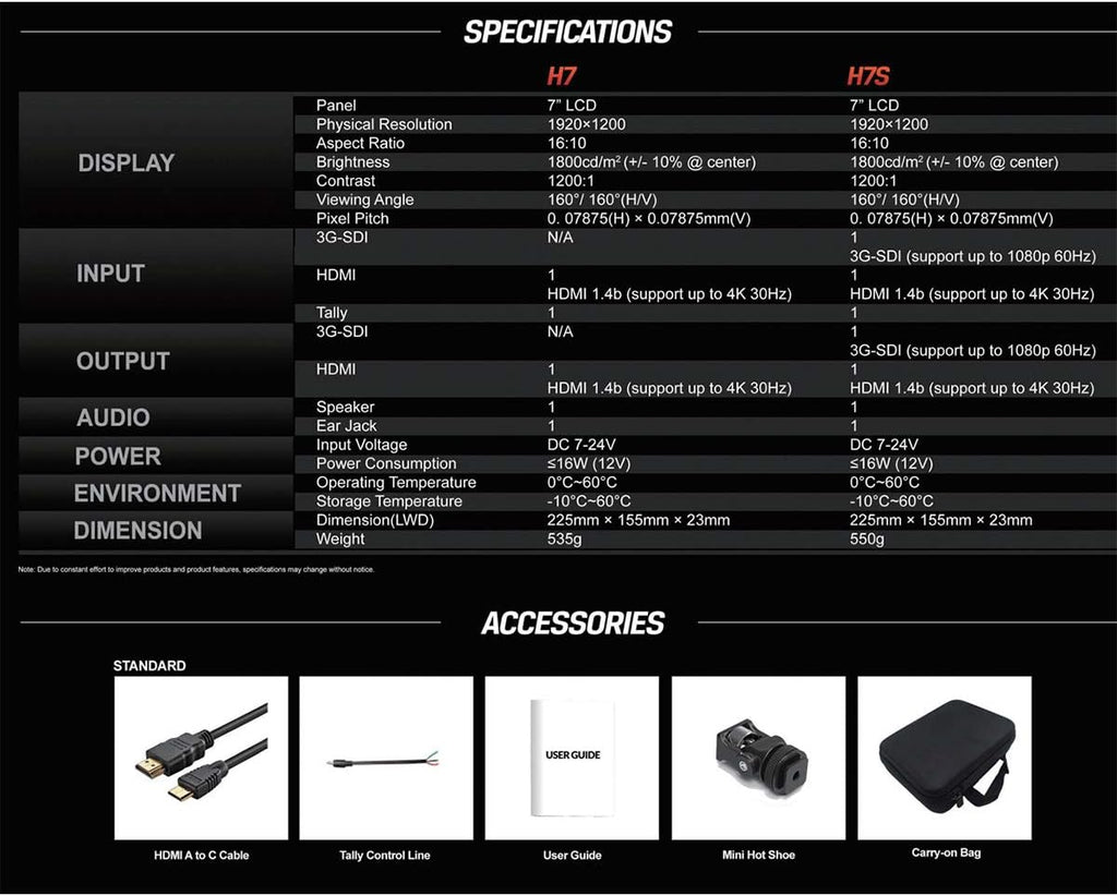 LILLIPUT H7S 7 Inch 1800 Nits High Brightness SDI 4K HDMI Input Tally Field Monitor DSLR On-Camera HDR Video Monitor
