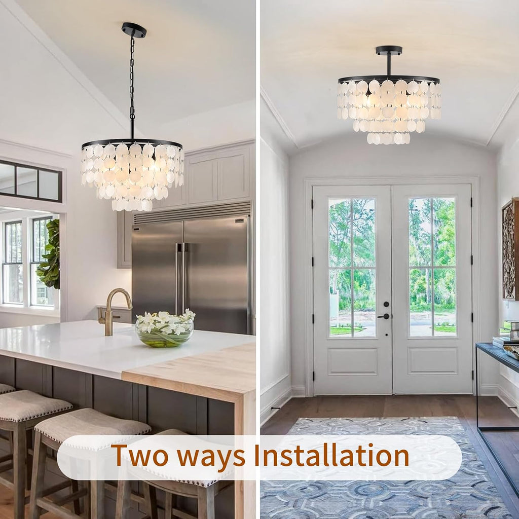 17.72' Capiz Shell Chandelier, 5 Light Natural Seashell Coastal Chandelier, Modern Capiz Seashell Pendant for Kitchen Living Dining Room Bathroom Bedroom, Black Finish