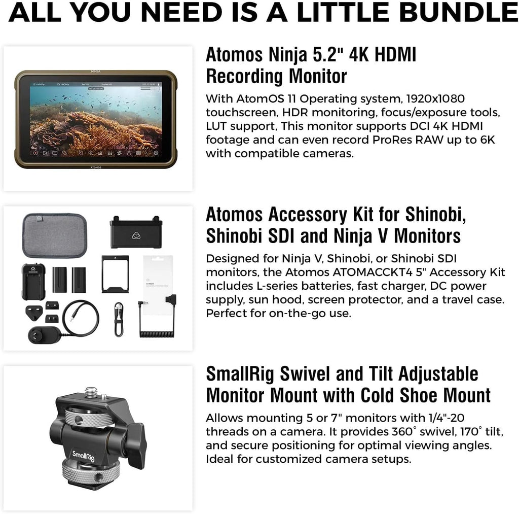 Atomos Ninja 5.2' 4K HDMI Recording Monitor 5' Accessory Kit (Version II) for Select Shinobi and Ninja Monitors, Swivel and Tilt Adjustable Monitor Mount Bundle Set