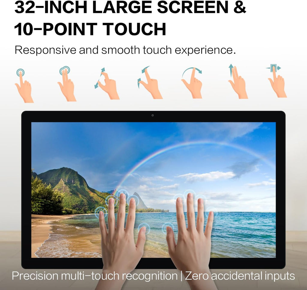 32 inch Smart Screen - Android 11 Touchscreen Monitor with Built-in Speakers, 2.0 MP Camera, 4G & 32G, HDMI Out, Digital Signage for Commercial Display, Wall-Mountable or Desktop