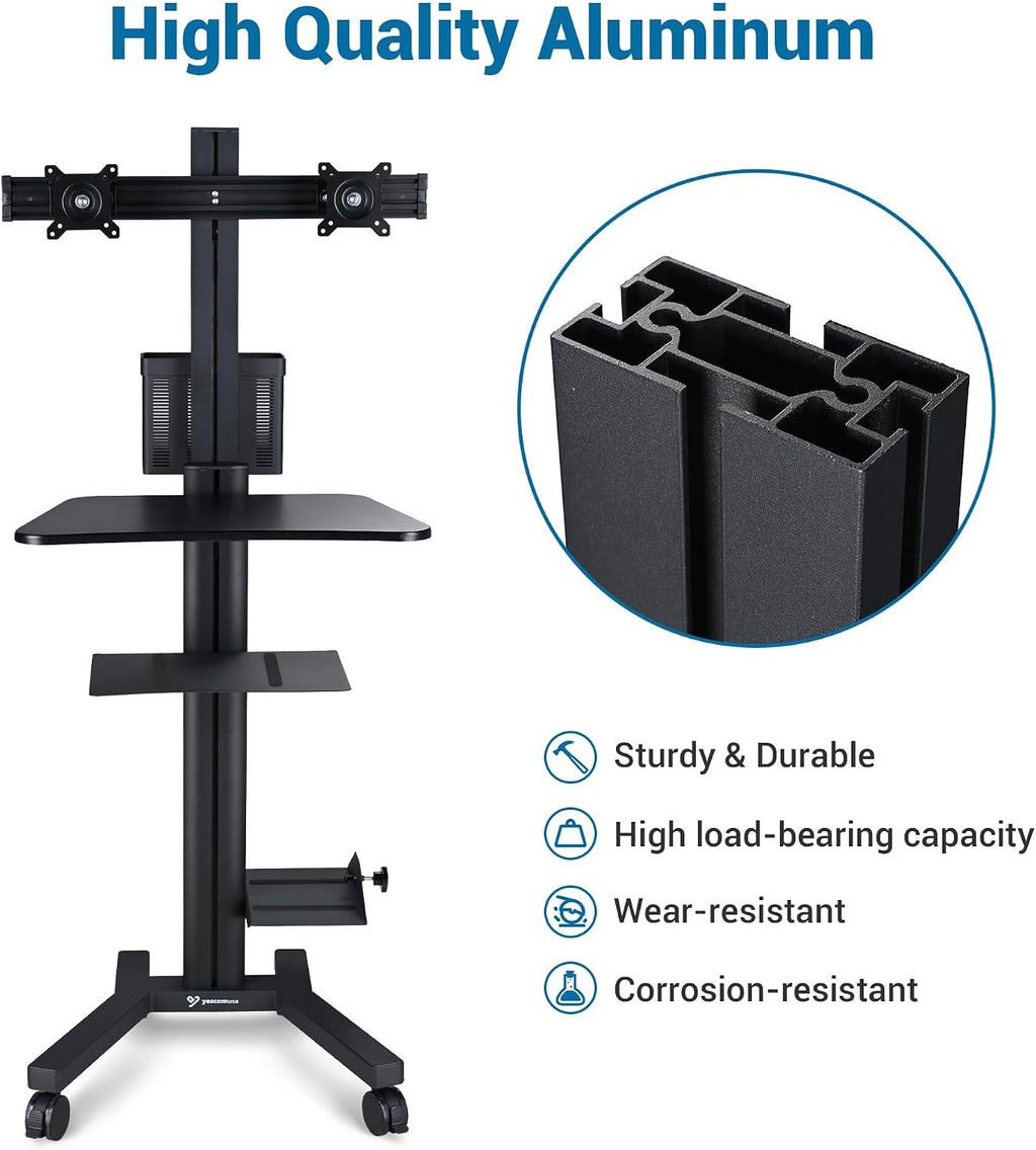 AW Mobile Computer Cart Medical Rolling PC Stand Desk Workstation Dual Monitor Mount with Wheels Adjustable Keyboard Tray CPU Printer Holder Hospital Clinic ANSI/BIFMA X5.5-2021 Certificated Black