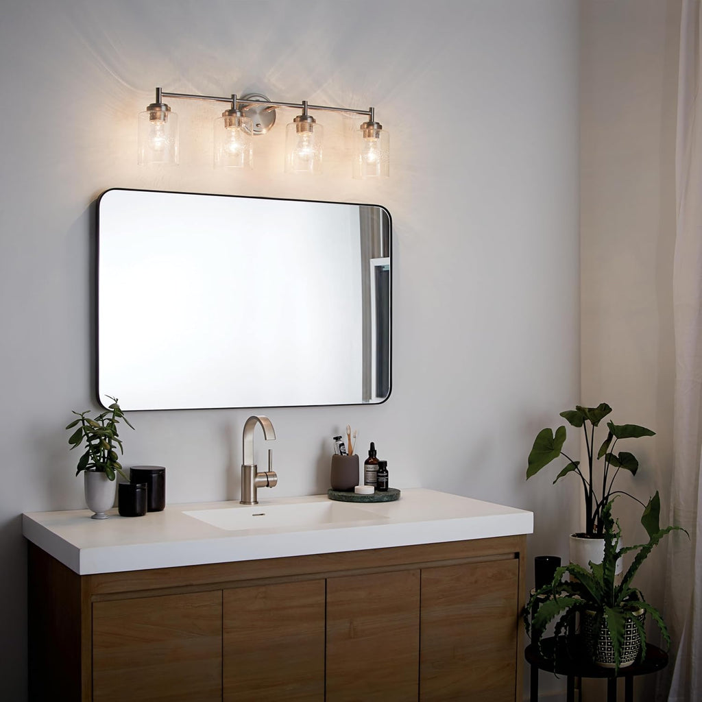 Kichler Winslow 30' Vanity Light in Brushed Nickel, 4-Light Transitional Bathroom Light with Clear Seeded Glass. (30' W x 9.25' H), 45887NI
