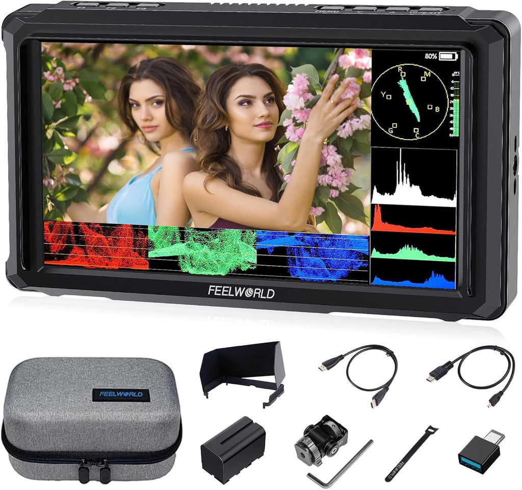 FEELWORLD FW568 PRO +F750 Battery +Carry Case 6 Inch 1200nit DSLR Camera Field Monitor with 3D LUTs 1920x1080 IPS 4K 60Hz HDMI in Output Waveform Monitoring Lightweight