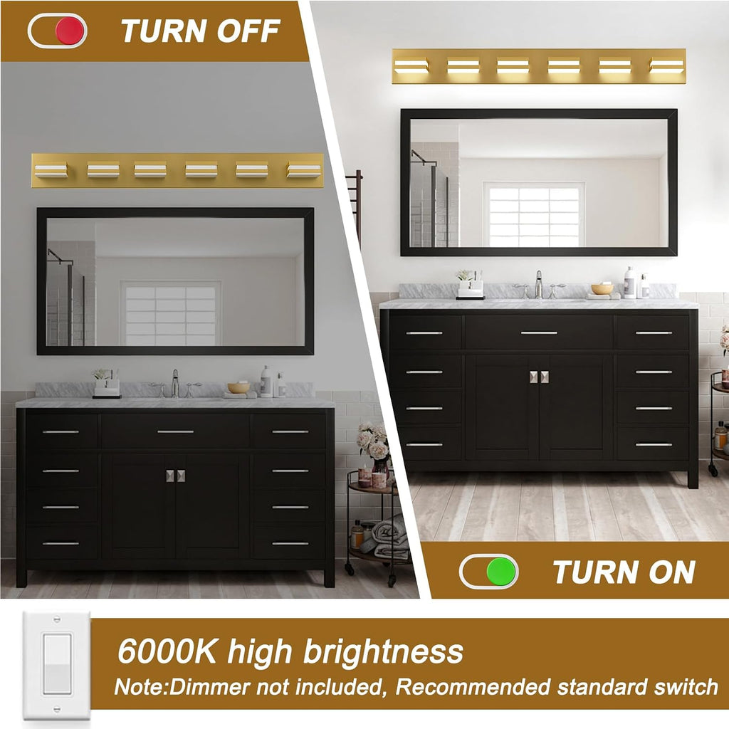 IZORRO LED Modern Bathroom Lights Fixtures(6-Light,Dimmable,360°Rotate),Brushed Glod Acrylic Wall Lighting,Vanity Lights for Bathroom Over Mirror - 6000k 36In （No Assembly Required）