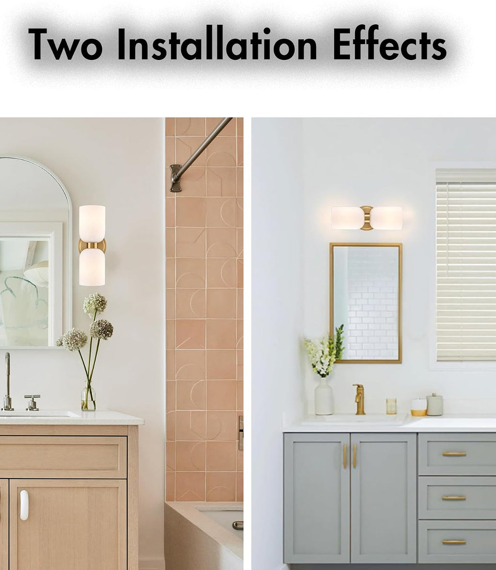 CLAXY Gold Wall Sconces 2-Light Modern Bath Vanity Light Milk White Glass | Se of 2, Dual Cyliner Opal Glass Shades, Dimmable Hardwired Wall Lights Over Mirror Bedroom Stairway Living Room Corridor