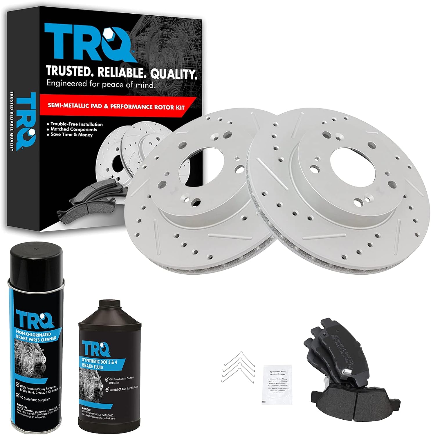 TRQ Front Performance Brake Pad & Rotor Kit, with Chemical Kit Semi-Metallic Compatible with 2002-2006 Acura RSX 2006-2011 Honda Civic 2011-2015 CR-Z