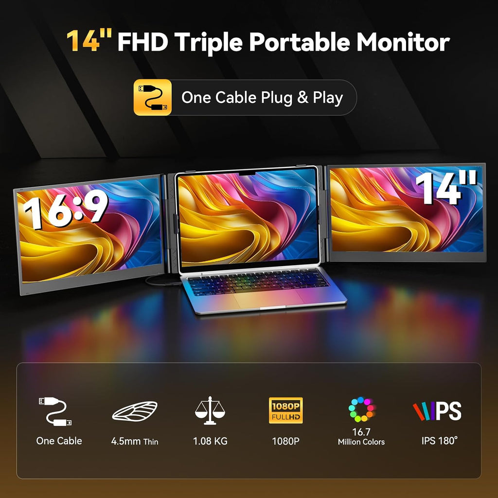 14' Laptop Triple Screen Extender Portable, One Cable Connection Laptop Monitor FHD 1080P IPS, Ultra Thin Dual Monitor for 13-17' Laptops, Plug & Play Compatiable with Win/Mac/Chrome/Android/Switch
