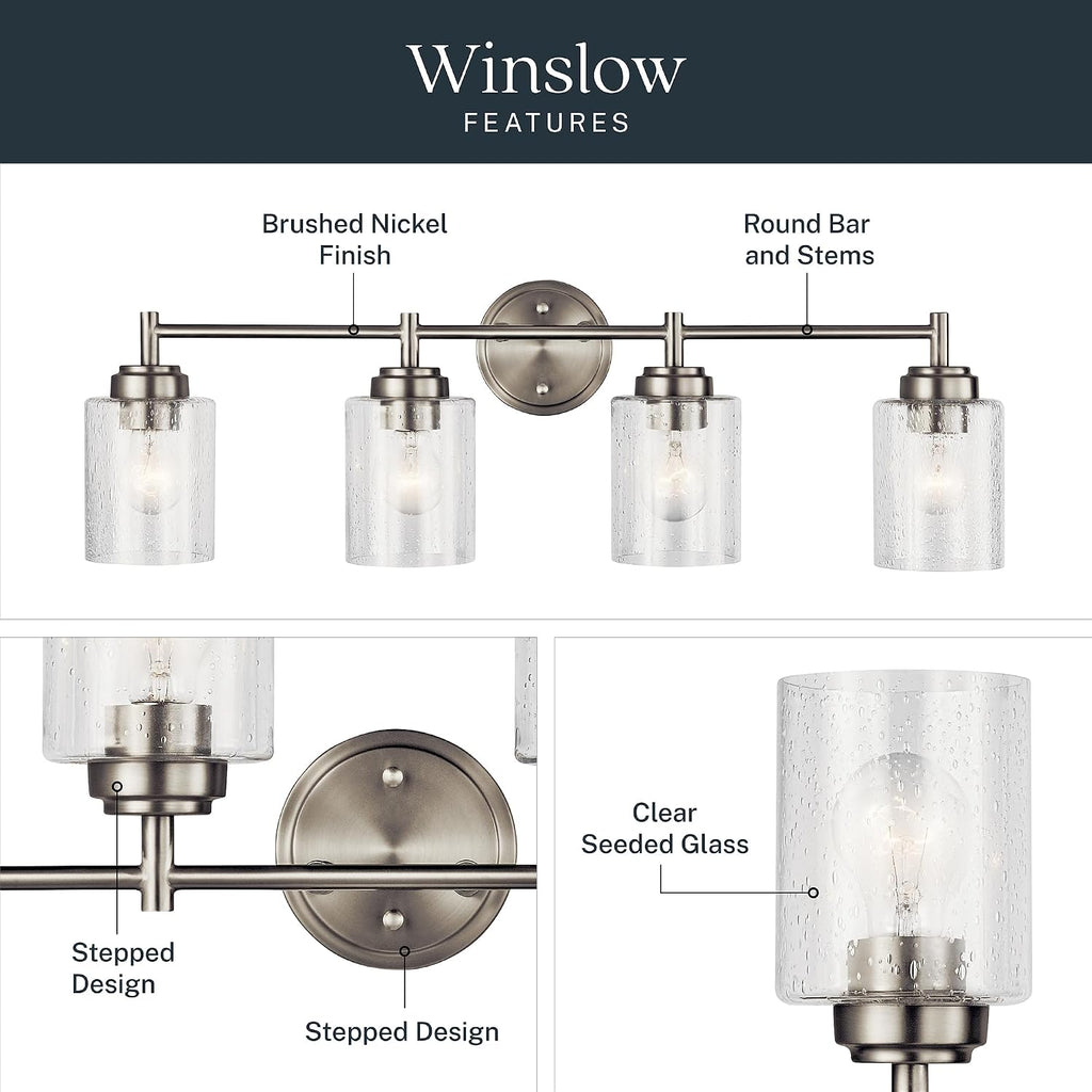 Kichler Winslow 30' Vanity Light in Brushed Nickel, 4-Light Transitional Bathroom Light with Clear Seeded Glass. (30' W x 9.25' H), 45887NI