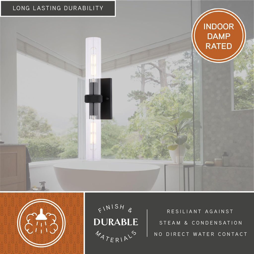 VAXCEL Bari 2-Light 4.5 in. Wide Matte Black Contemporary Wall Sconce, Clear Glass Shade, Dimmable, LED Compatible, Vertical or Horizontal Mount, Steel Bathroom Vanity Lighting Fixture