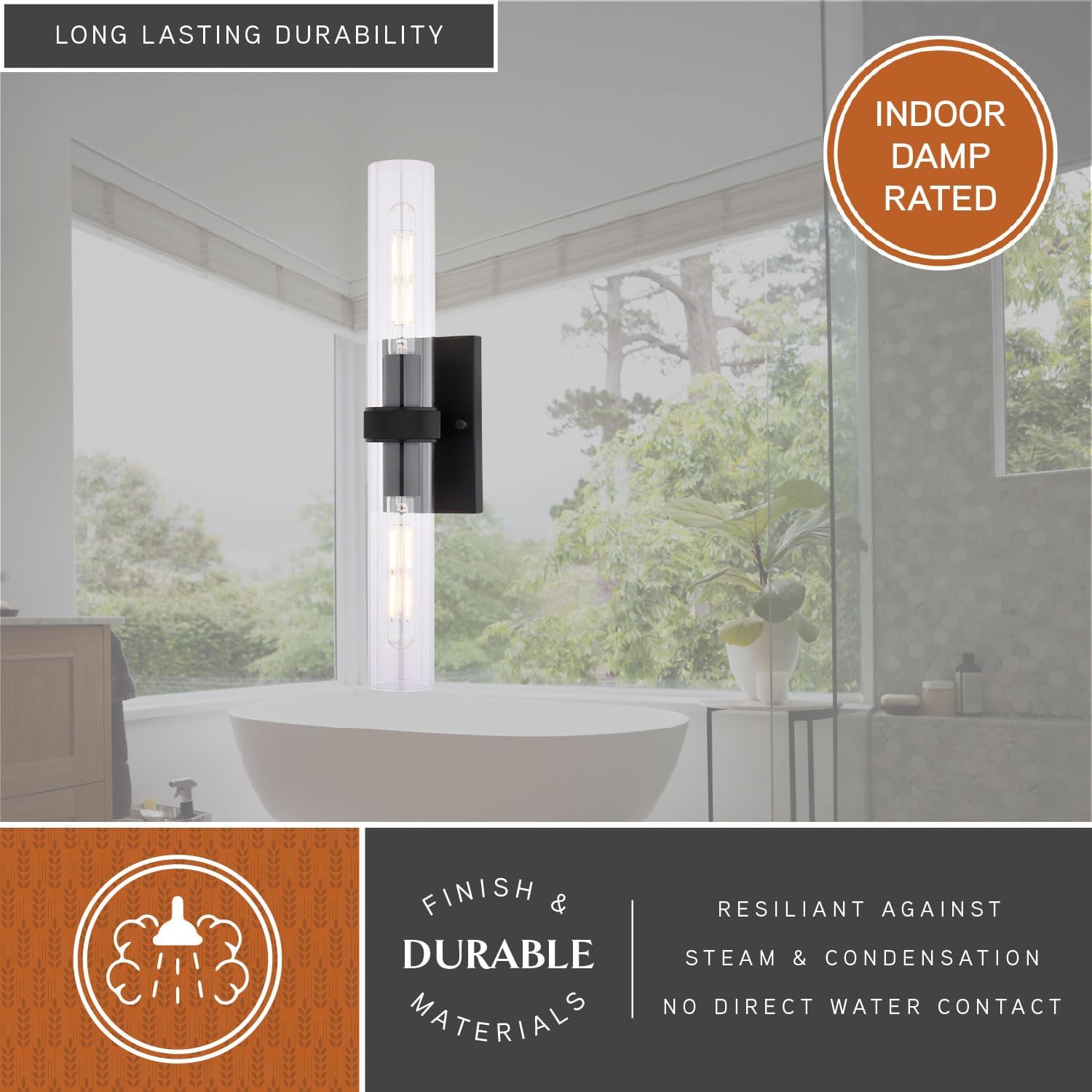 VAXCEL Bari 2-Light 4.5 in. Wide Matte Black Contemporary Wall Sconce, Clear Glass Shade, Dimmable, LED Compatible, Vertical or Horizontal Mount, Steel Bathroom Vanity Lighting Fixture