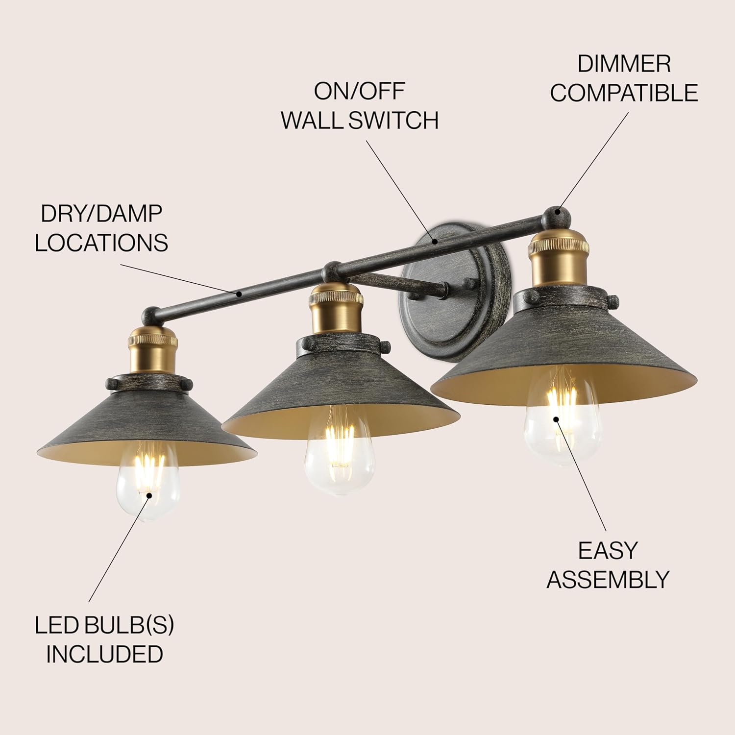 JONATHAN Y 26.5' Rustic Dark Gray/Brass Gold 3-Light Industrial Farmhouse Metal Vanity Light Wall Sconce, Metal Shade for Bathroom Mirror, Kitchen, Entryway, LED Bulb Included (JYL7428D)