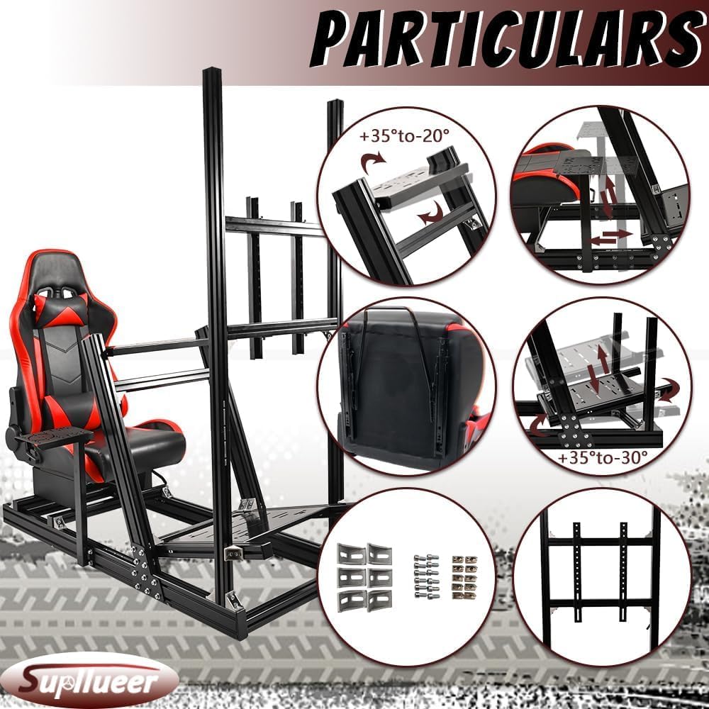 Supllueer Racing Simulator Cockpit with Monitor Stand Racing Seat Formula 1 and GT Racing Fit for Logitech GPRO G29 G920,for Thrustmaster T300,for Fanatec NO Display Steering Wheel Pedal Shifter