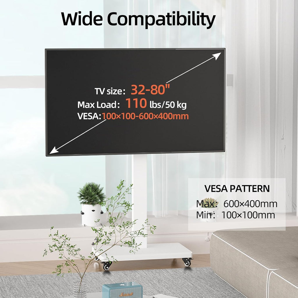 Mobile TV Cart Stand for 32-80 Inch TVs,90°Landscape to Portrait Rotating,Manual Height Adjustable Cart,Holds 110 Lbs,Max VESA 600x400mm,Portable tv Stand on Wheels,XL-XZ08W