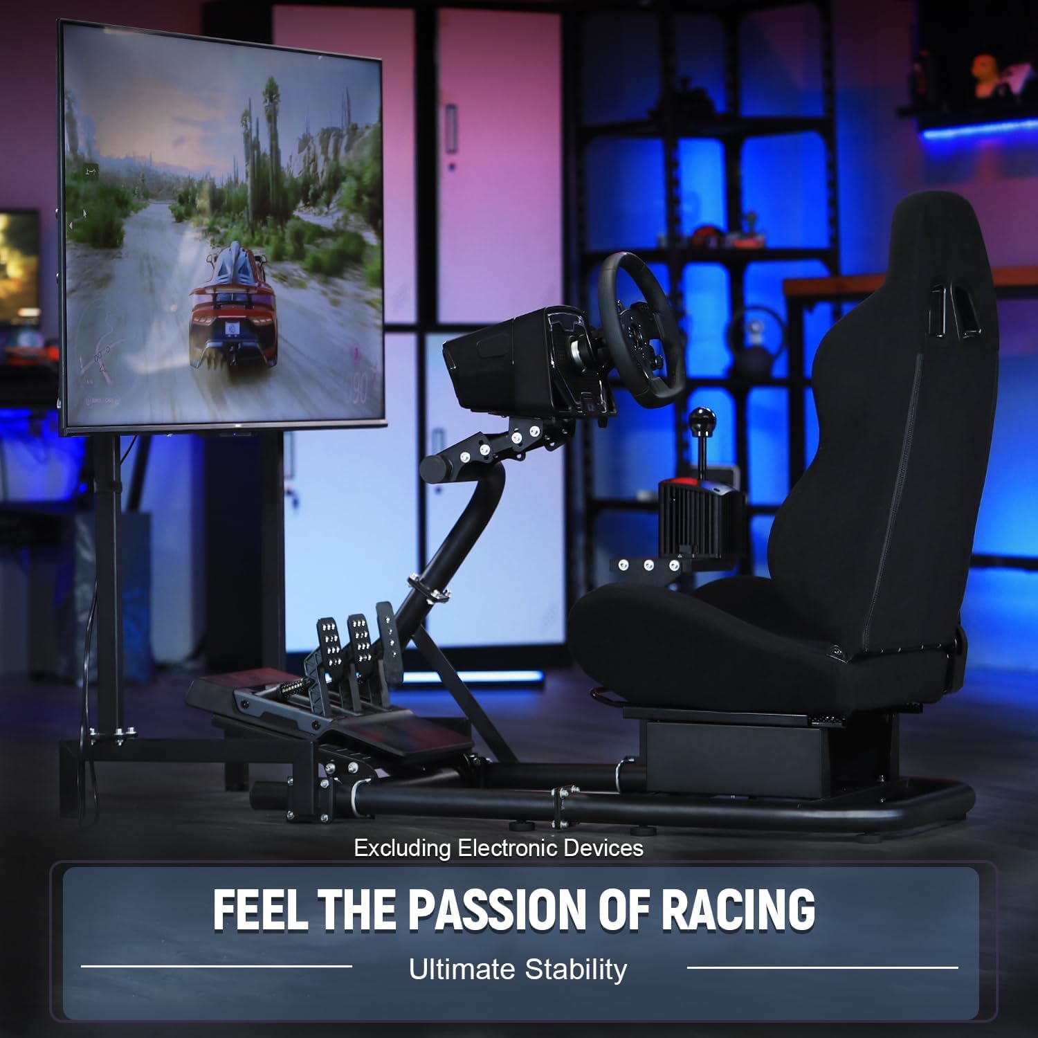 Marada Driving Racing Simulator Cockpit with Monitor Stand & Black Seat Fit for Fantec, for Logitech G923 G25 G920, for Thrustmaster T500 Wheel and Pedals Not Included
