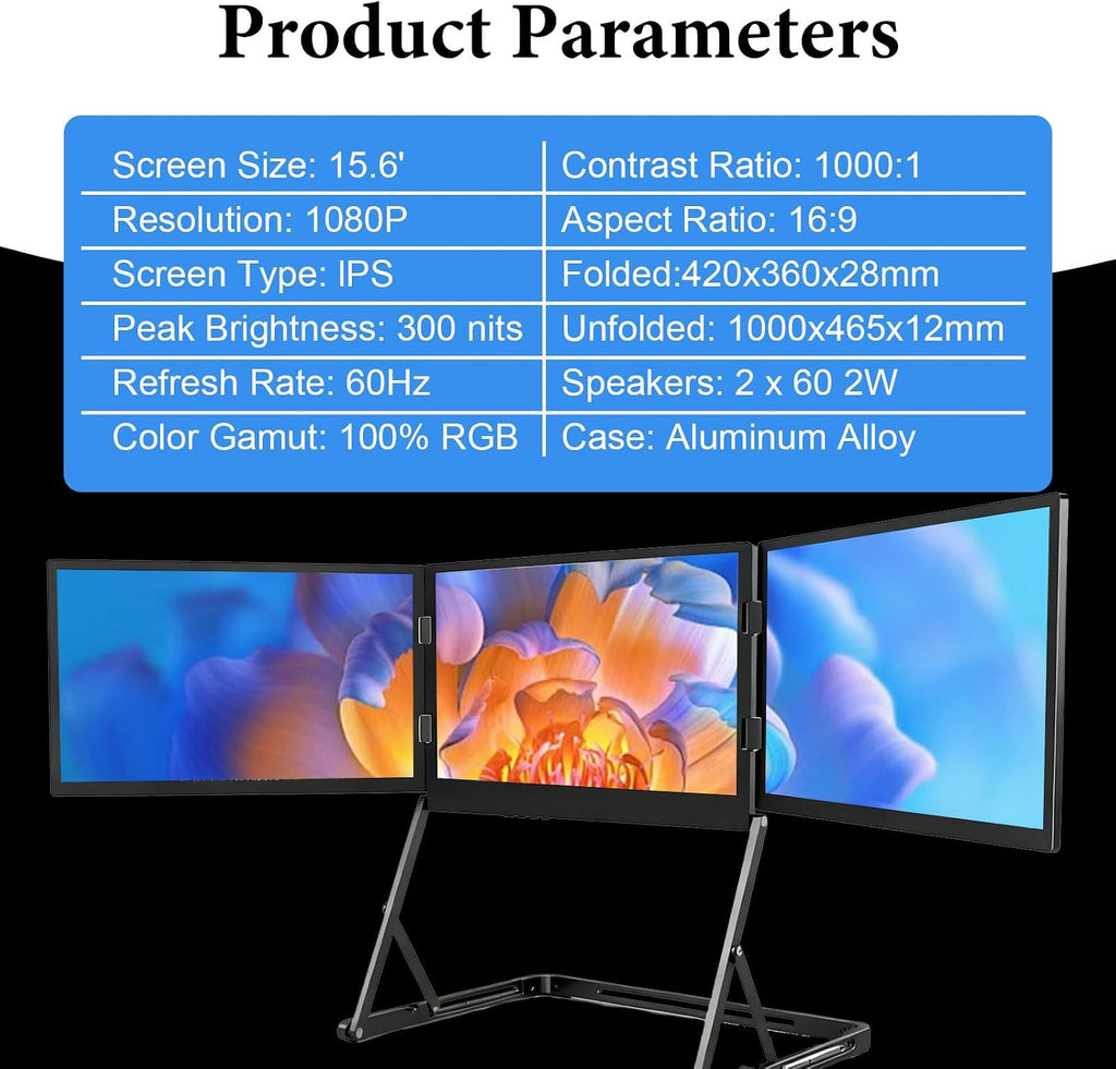 15.6' Laptop Triple Monitor Extender,3 Screen FHD 1080P IPS Display,USB-C HDMI Play Foldable Screen for Windows,Mac,Travel Workstation