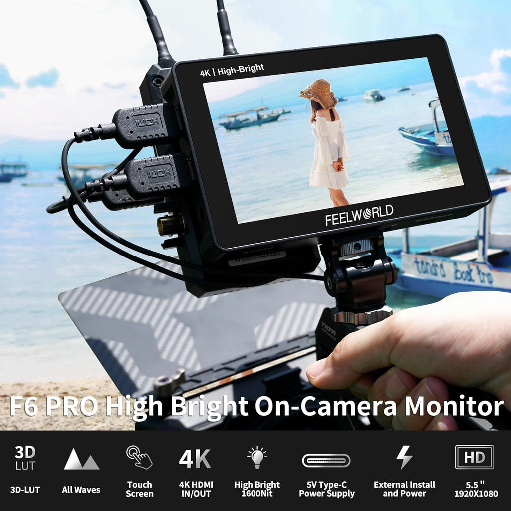 FEELWORLD F6 Pro +Battery +Carry Case 5.5 Inch 1600nits High Bright DSLR Camera Field Monitor with Touchscreen Waveform 3D LUT F970 External Kit Install 4K HDMI in Out Type-c Input
