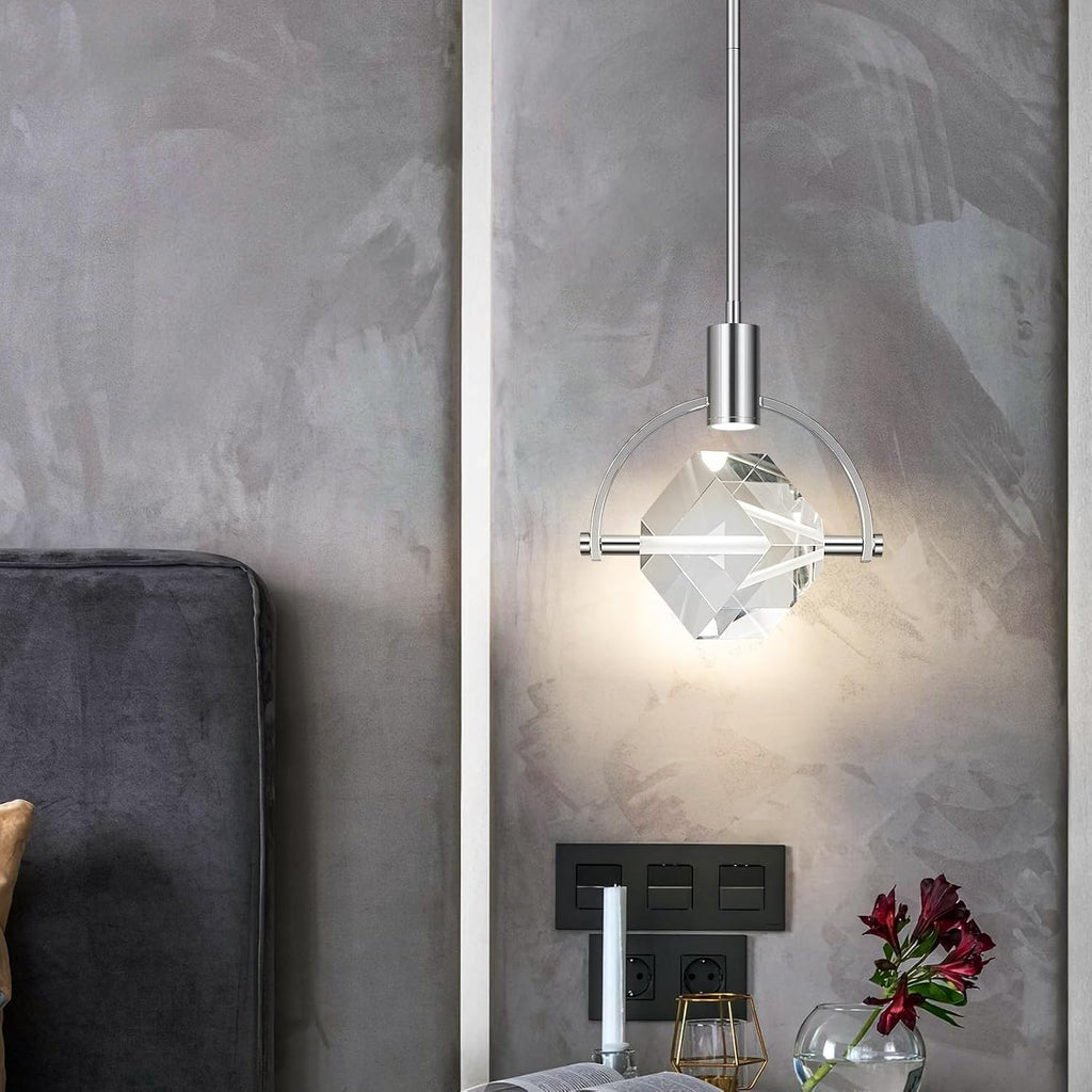 Pendant Ceiling Light Fixture for Kitchen Island, Modern Mini Integrated LED Hanging Light, Crystal Pendant Light in Chrome, Bedroom, Dining Room, Bar (1-Lights)