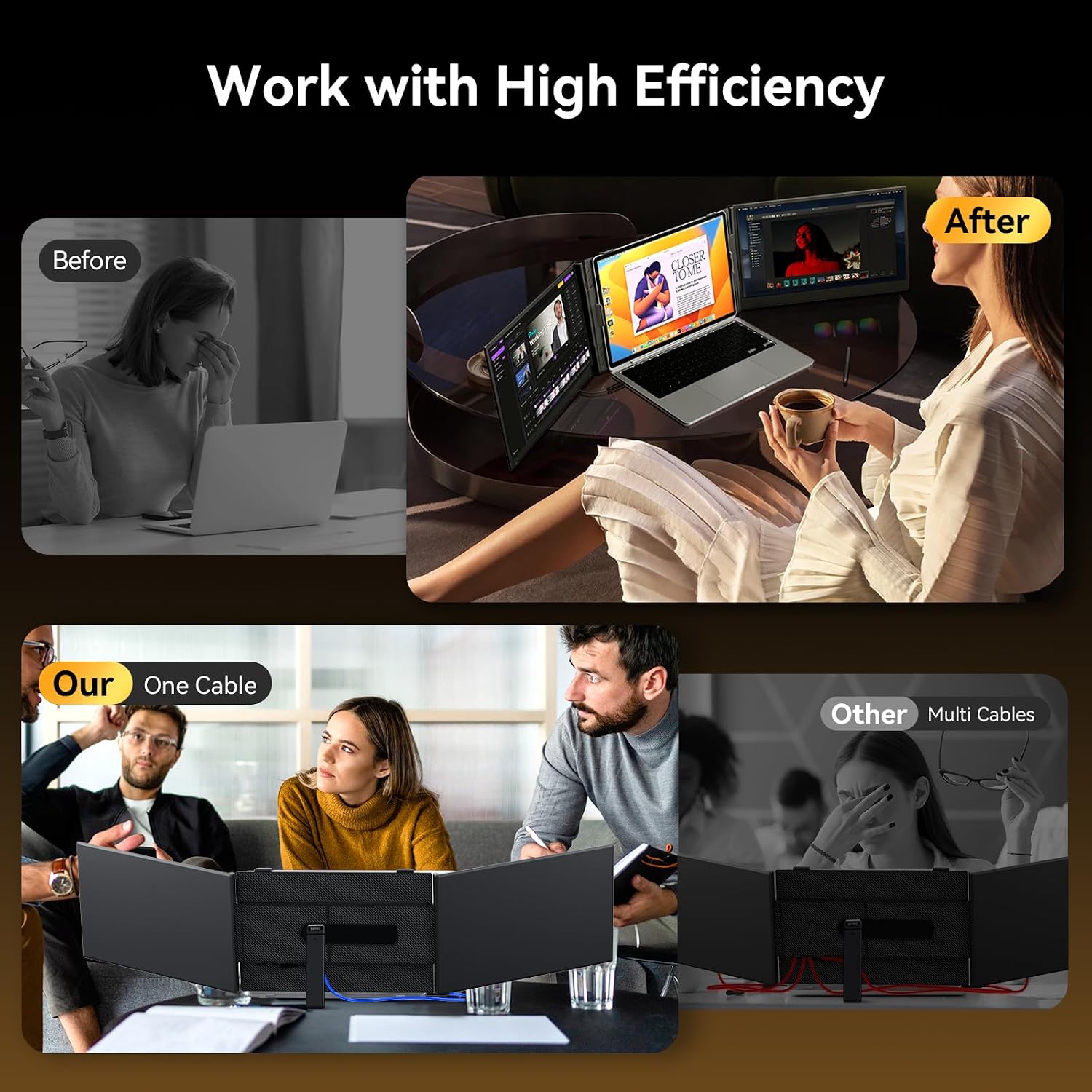 14' Laptop Triple Screen Extender Portable, One Cable Connection Laptop Monitor FHD 1080P IPS, Ultra Thin Dual Monitor for 13-17' Laptops, Plug & Play Compatiable with Win/Mac/Chrome/Android/Switch