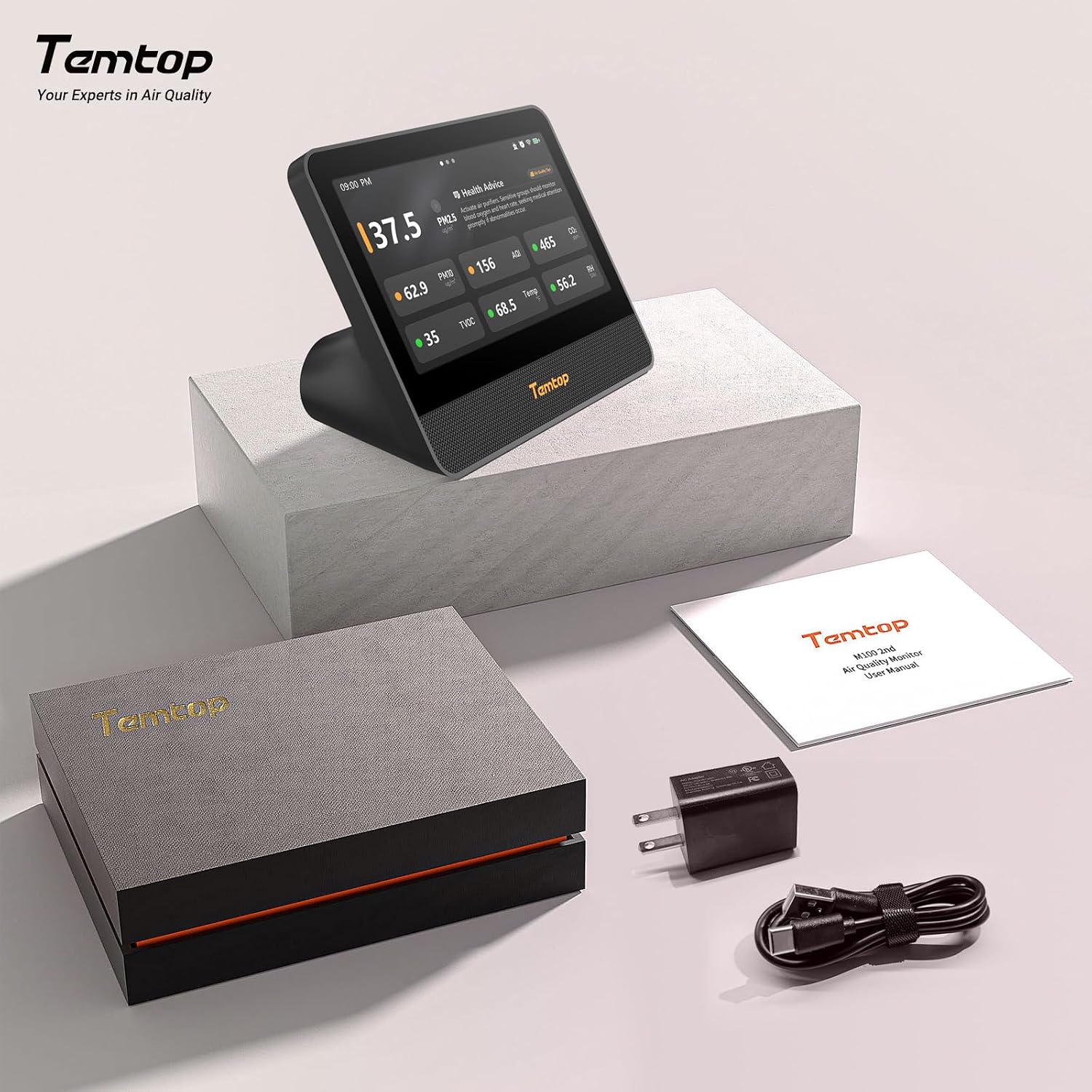 Temtop M100 2nd Gen Air Quality Monitor for Indoor Air, 7-Inch Touch Screen, Real-Time Tester for PM2.5, CO2, TVOC, Temp & Humidity, WiFi App & Multi-Room Monitoring with Smart Insights