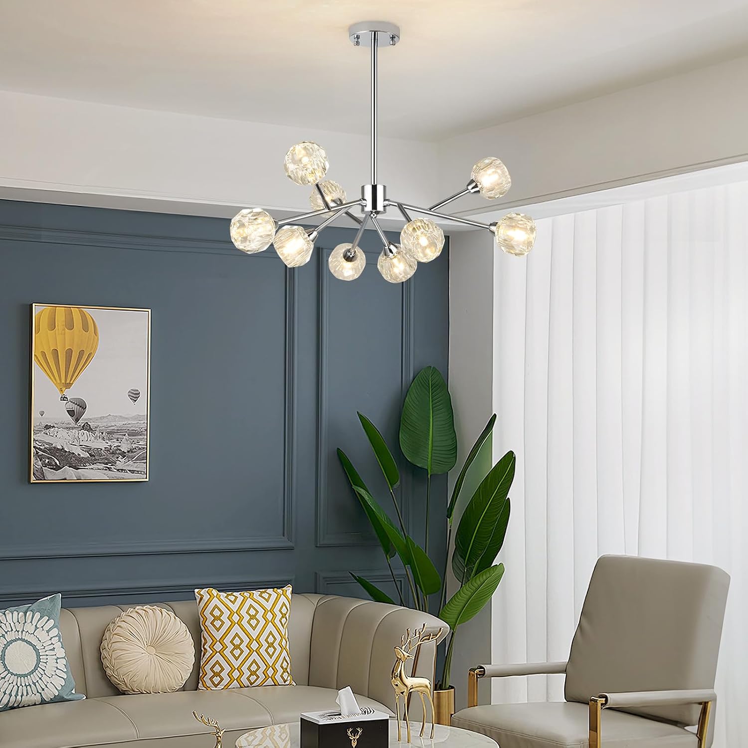 Weesalife Sputnik Chandeliers for Dining Room Light Fixture Over Table, Modern Crystal Chandeliers, 9 Lights Chrome Lighting Fixtures for Living Room Bedroom Kitchen Island Bar