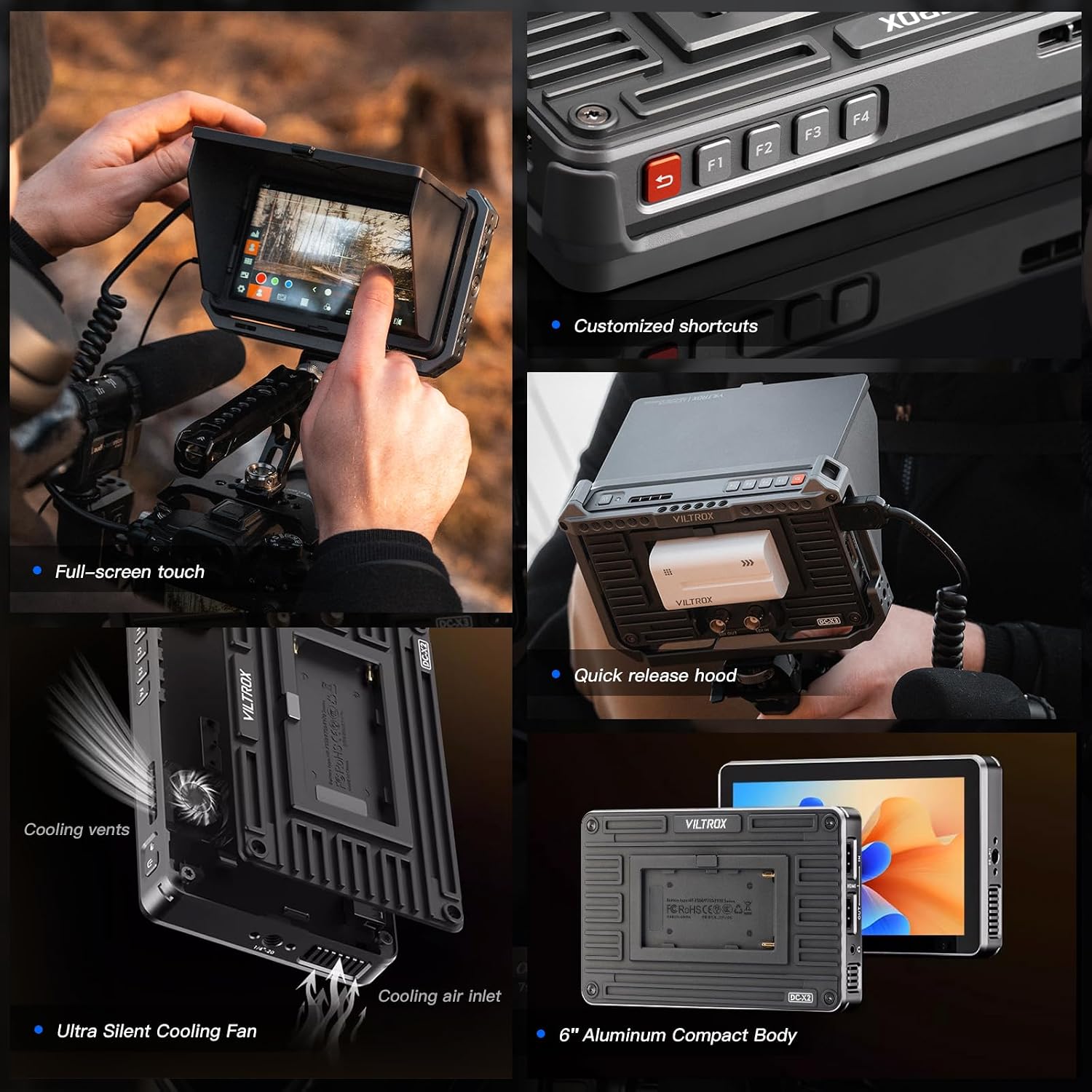 VILTROX DC-X2 6 inch Touchscreen Camera Field Monitor 4K HDMI Video Monitor with Sunshade Hood/Battery 2000nits 160°Wide View Angle 1920X1080 3D LUT Peaking Focus Assist Monitor