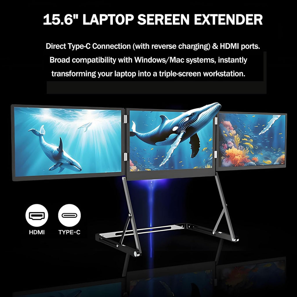 15.6' Portable Triple Monitor for Laptop, Ultra-Slim FHD 1080P Screen Extender, 360° Rotating Foldable Travel Monitor, Plug & Play for Mac/Windows