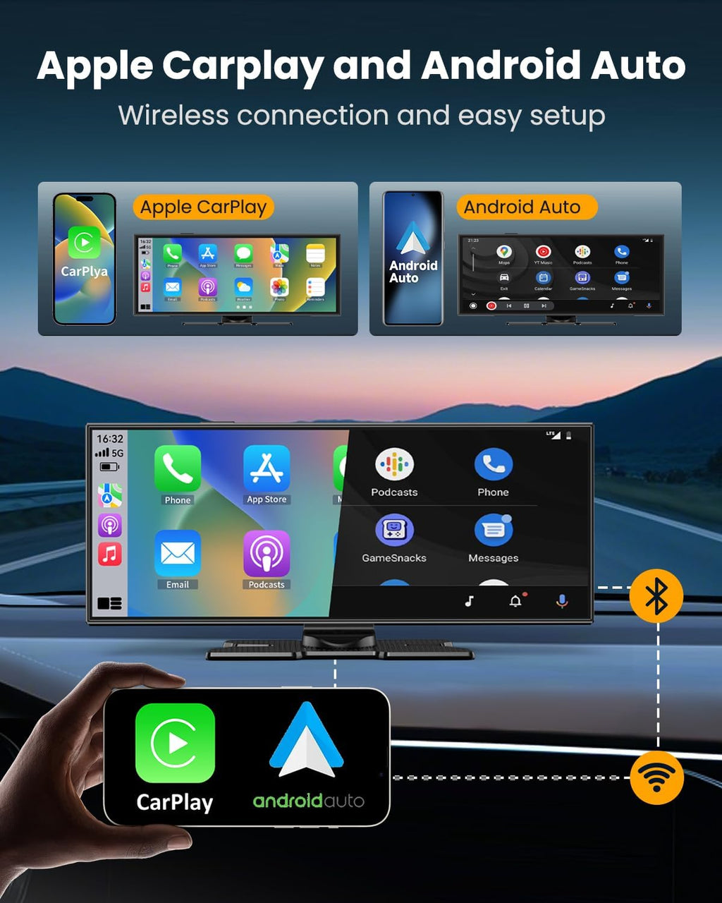 11.5' Wireless Carplay Screen for Car, Portable Apple Carplay & Android Auto Touch Screen, 4K Dash Cam/App Control/Backup Camera/Mirror Link/Voice Control/GPS/Bluetooth,for All Vehicles