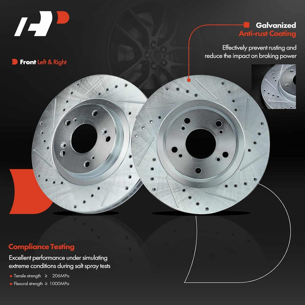 A-Premium 11.81 inch (300mm) Front Drilled and Slotted Disc Brake Rotors + Ceramic Pads Kit Compatible with Select Honda and Acura Models - Civic 2006-2011, CSX 2007-2010, RSX 2002-2006, 2.0L 6-PC Set