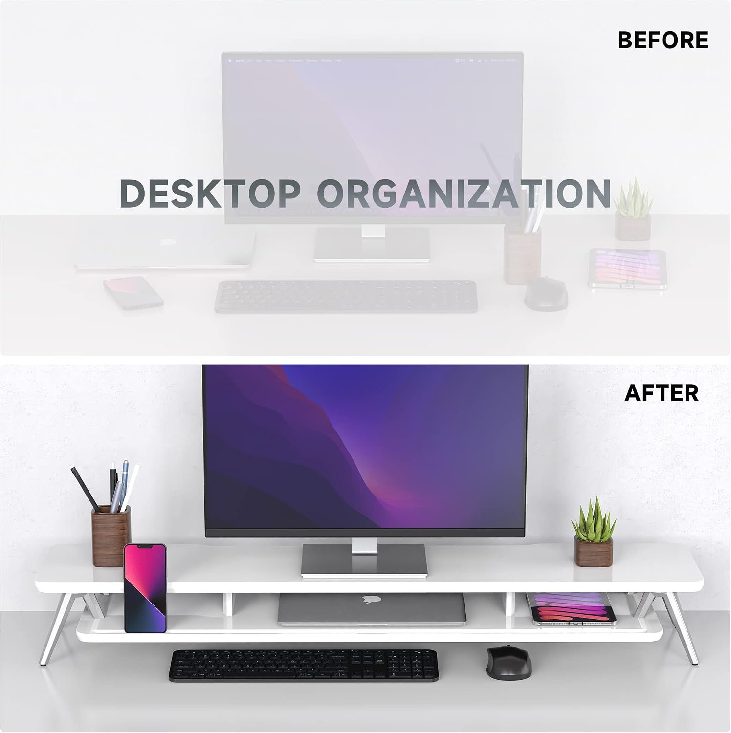 Fenge Dual Monitor Stand, Monitor Stands Riser for 2 Monitors, 42.5 Inch Monitor Stands Shelf with 12 Color LED Light for Office Desk