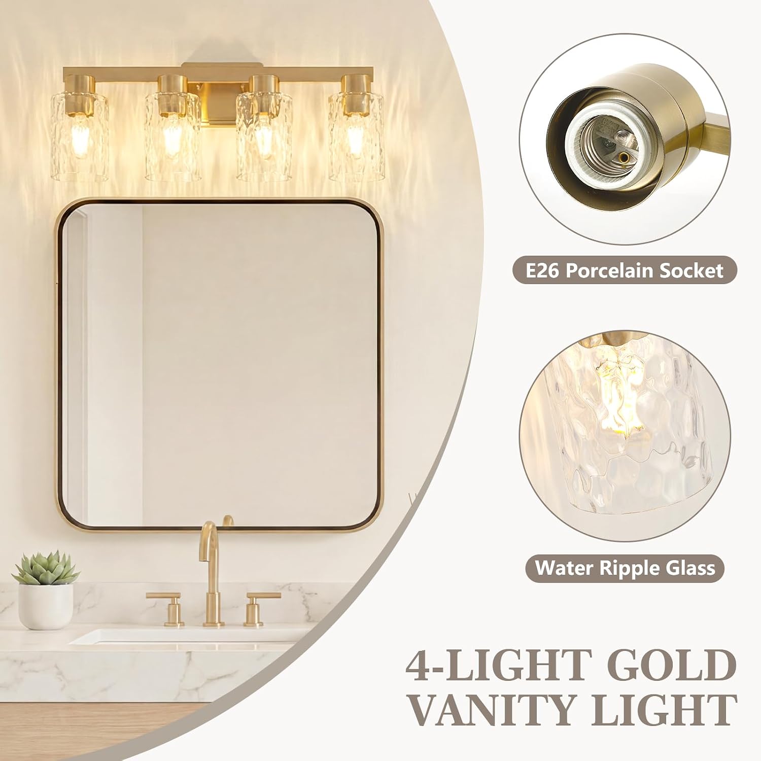 4-Light Bathroom Light Fixtures Modern Gold Vanity Lights with Water Ripple Glass Wall Sconces Over Mirror for Bathroom, Powder Room, Living Room